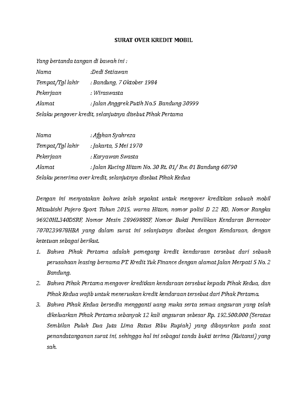 Surat Over Kredit Mobil Mitsubishi Pajero Sport - SURAT OVER KREDIT