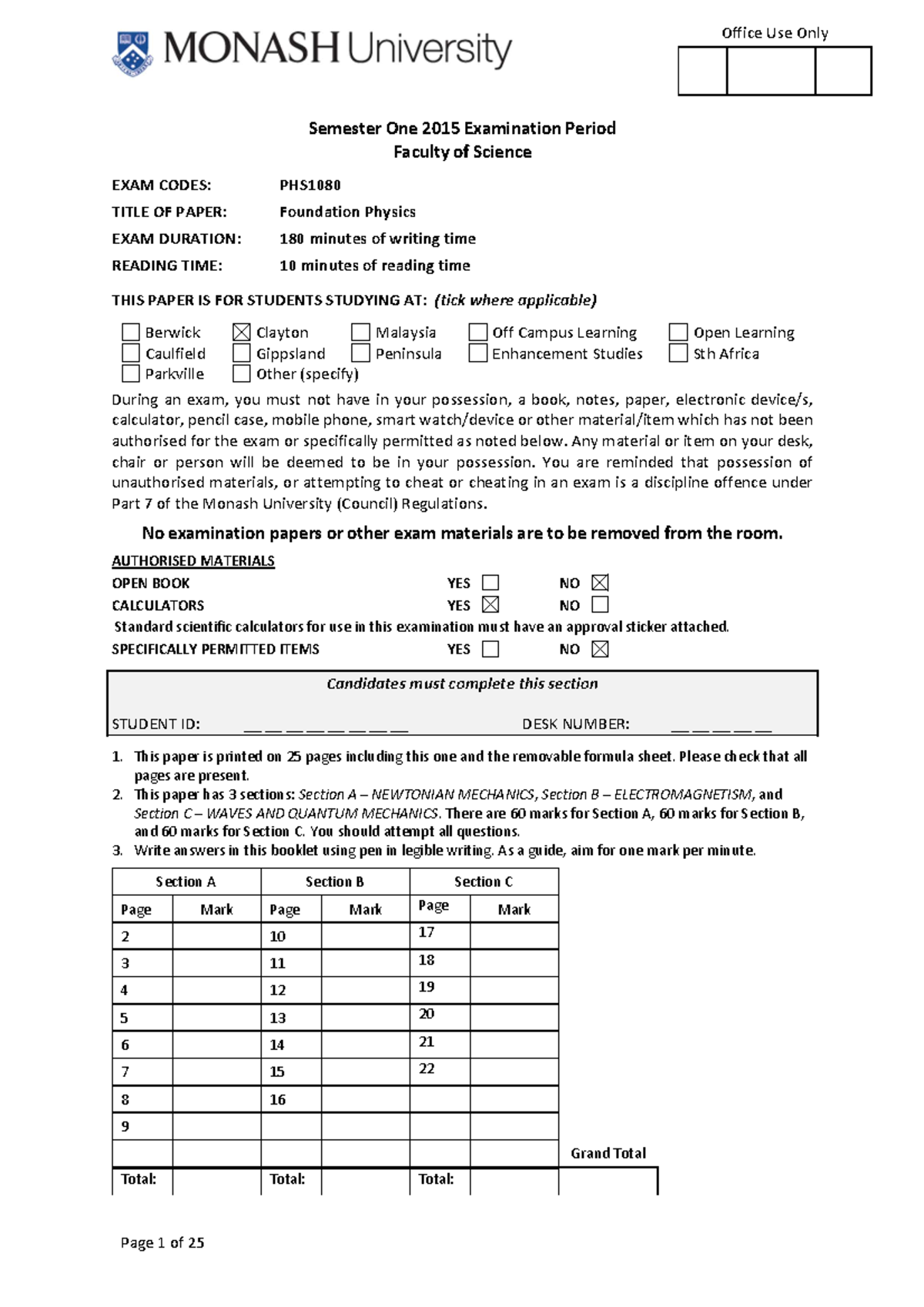 Exam 2015, questions - Office Use Only Semester One 2015 Examination ...
