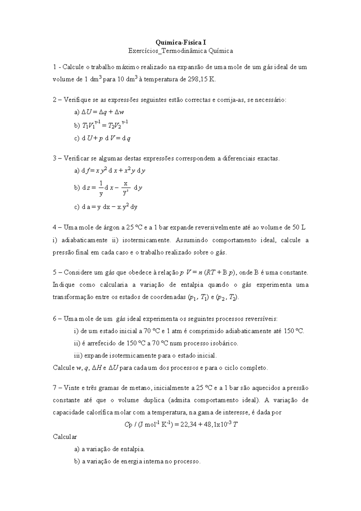 Qfi Tp1 Qfi Tp1 Química Física I Exercícios Termodinâmica Química 1