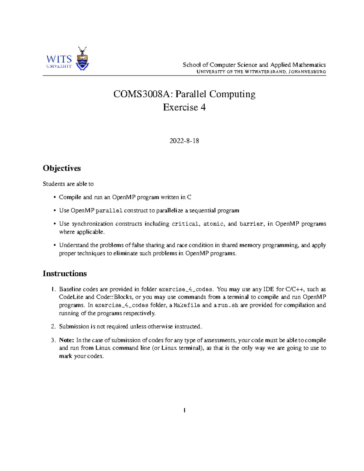 Exercise 4 - School of Computer Science and Applied Mathematics ...