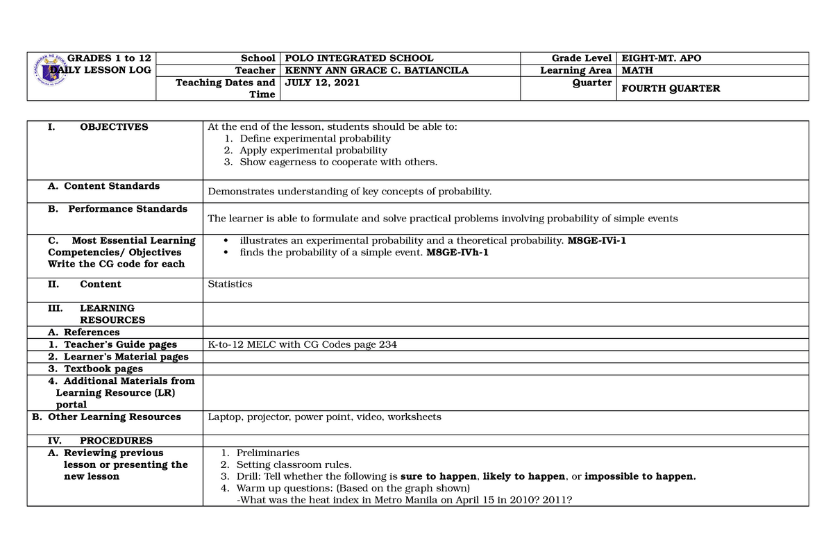 Math 8 COT DLL 2 2021 DLL GRADES 1 To 12 DAILY LESSON LOG School POLO INTEGRATED SCHOOL 