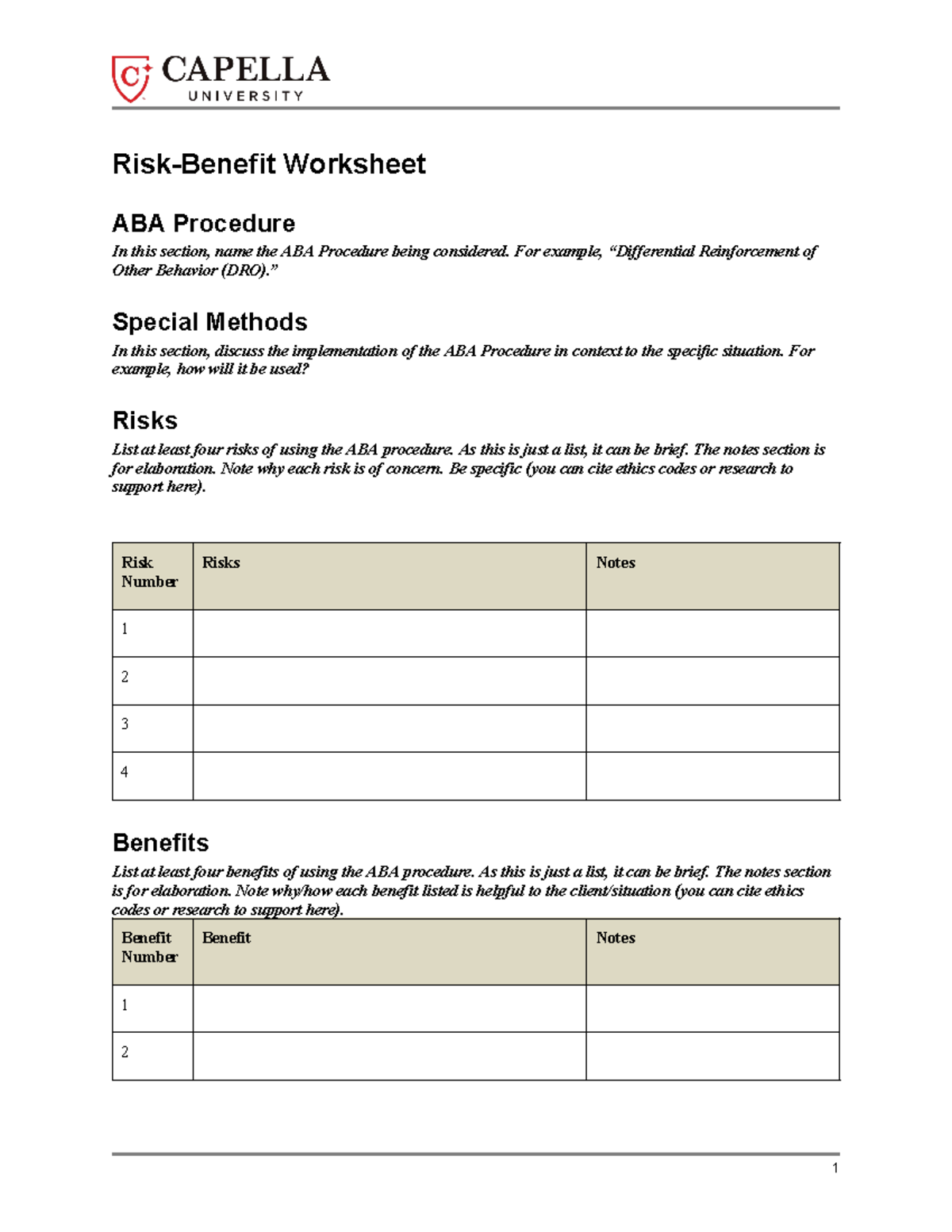 Cf risk benefit analysis worksheet - Risk-Benefit Worksheet ABA ...