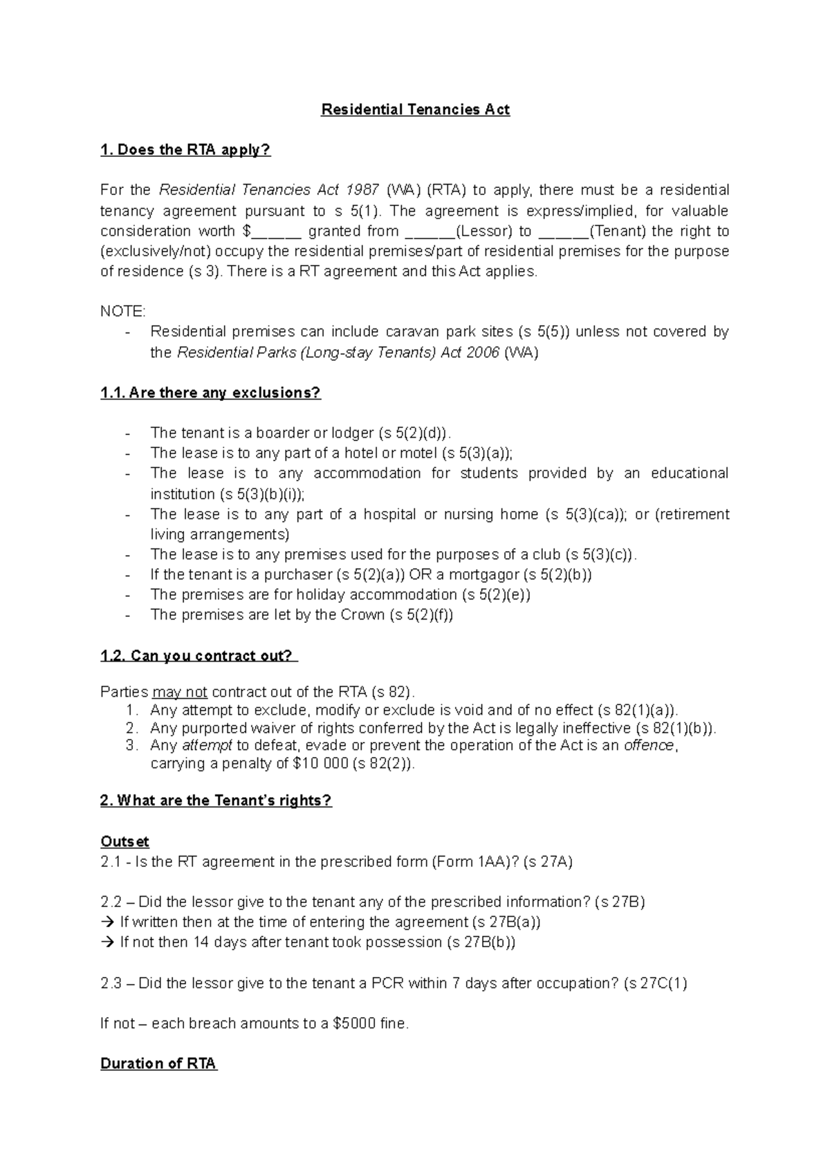 Residential Tenancies Act Answer Plan Residential Tenancies Act 1