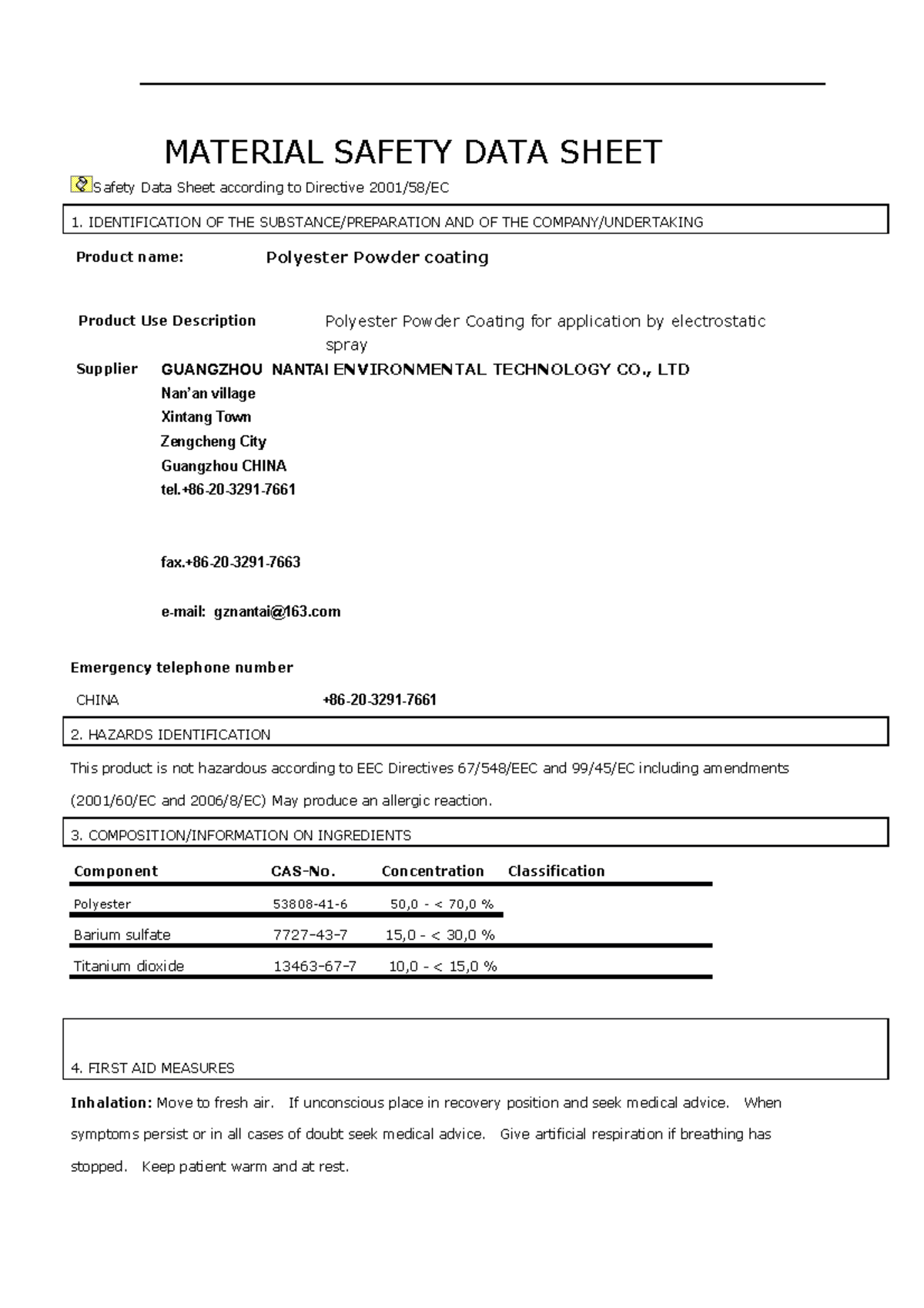 Msds of polyester powder coating - MATERIAL SAFETY DATA SHEET Safety ...