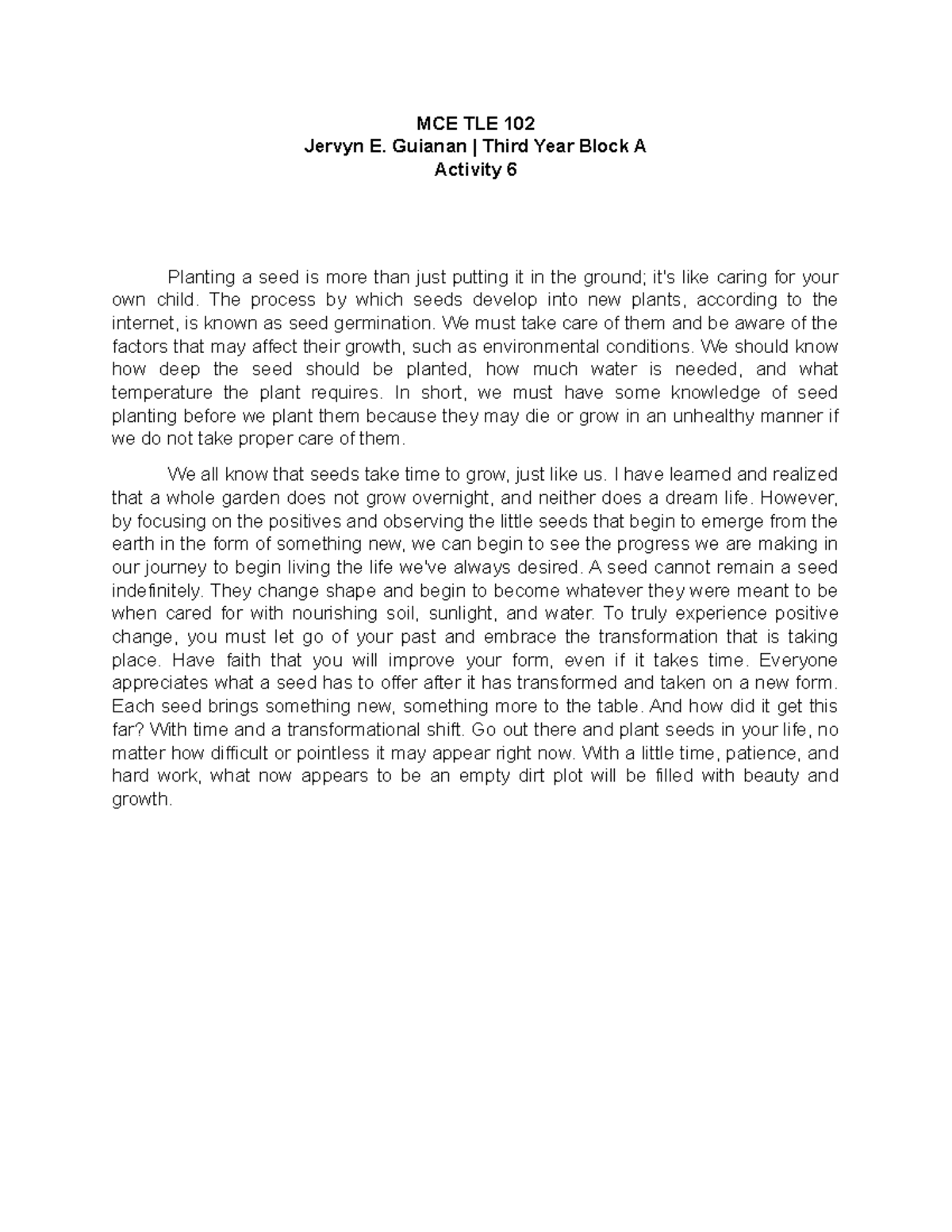 MC TLE 102 Act 6 - Teaching TLE in Elementary Grades Activities - MCE ...