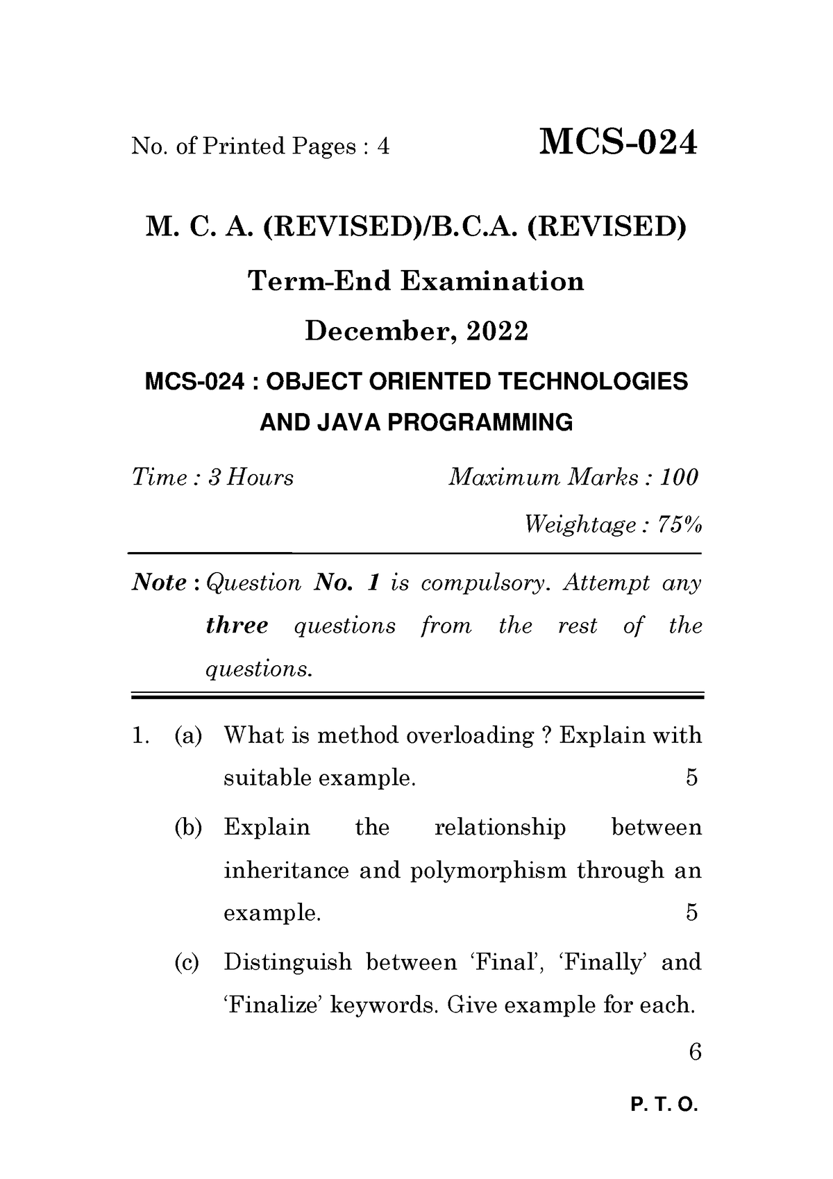 MCS-024 - GOOD - P. T. O. No. Of Printed Pages : 4 MCS- M. C. A ...