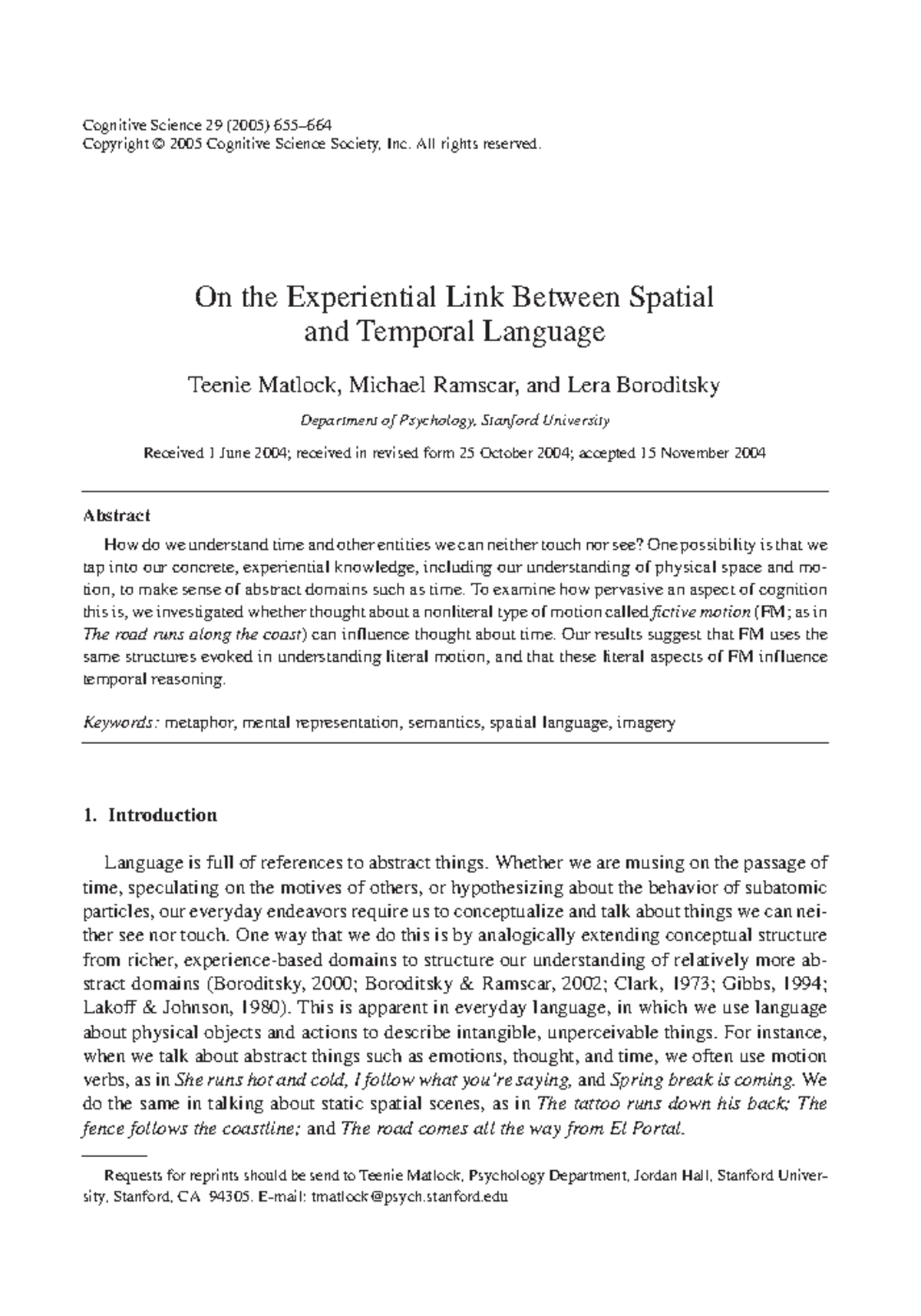 Matlock 2005 - Article - On the Experiential Link Between Spatial and ...