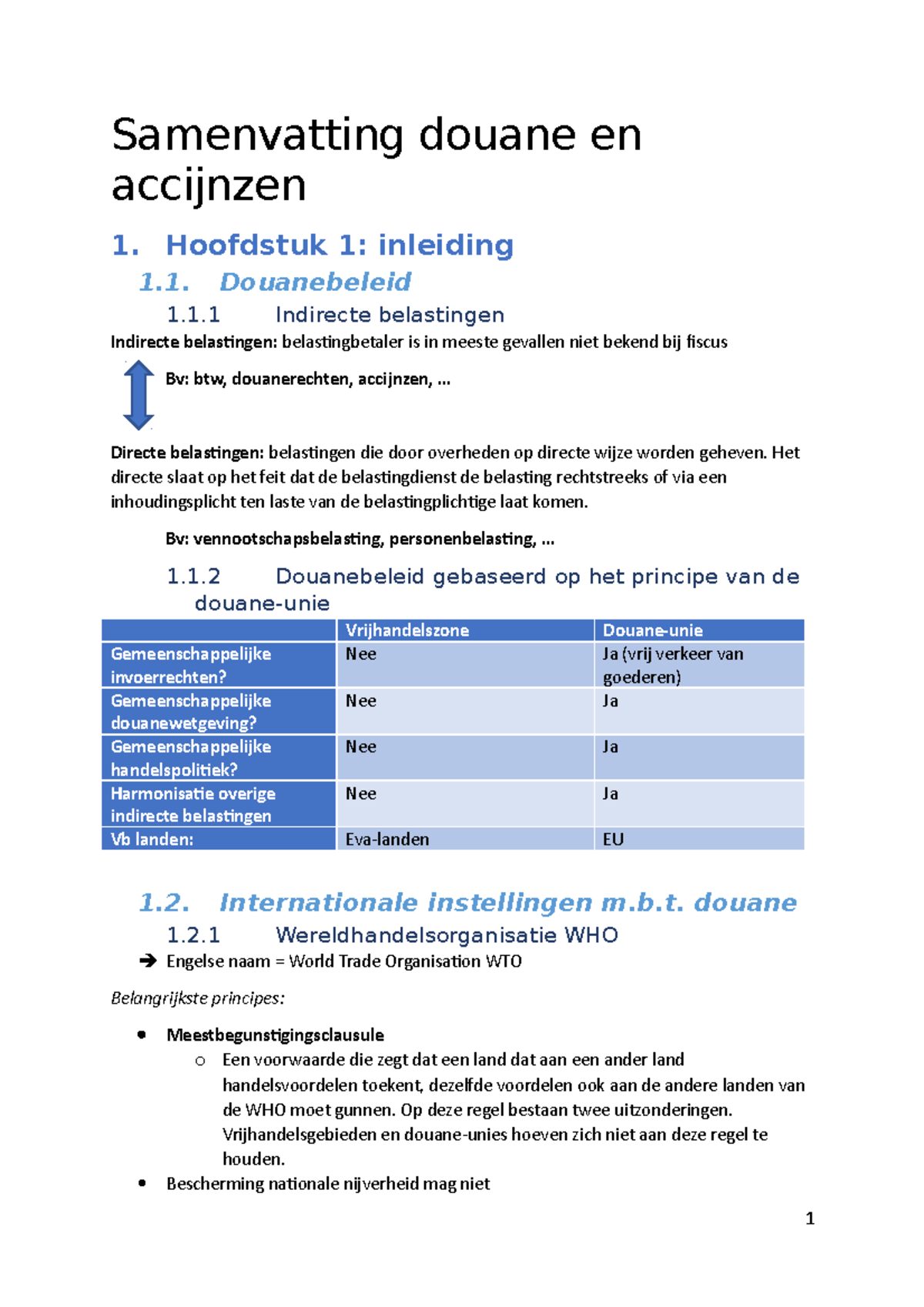 Samenvatting - Hoofdstuk 1: Inleiding 1. Douanebeleid 1.1 Indirecte ...