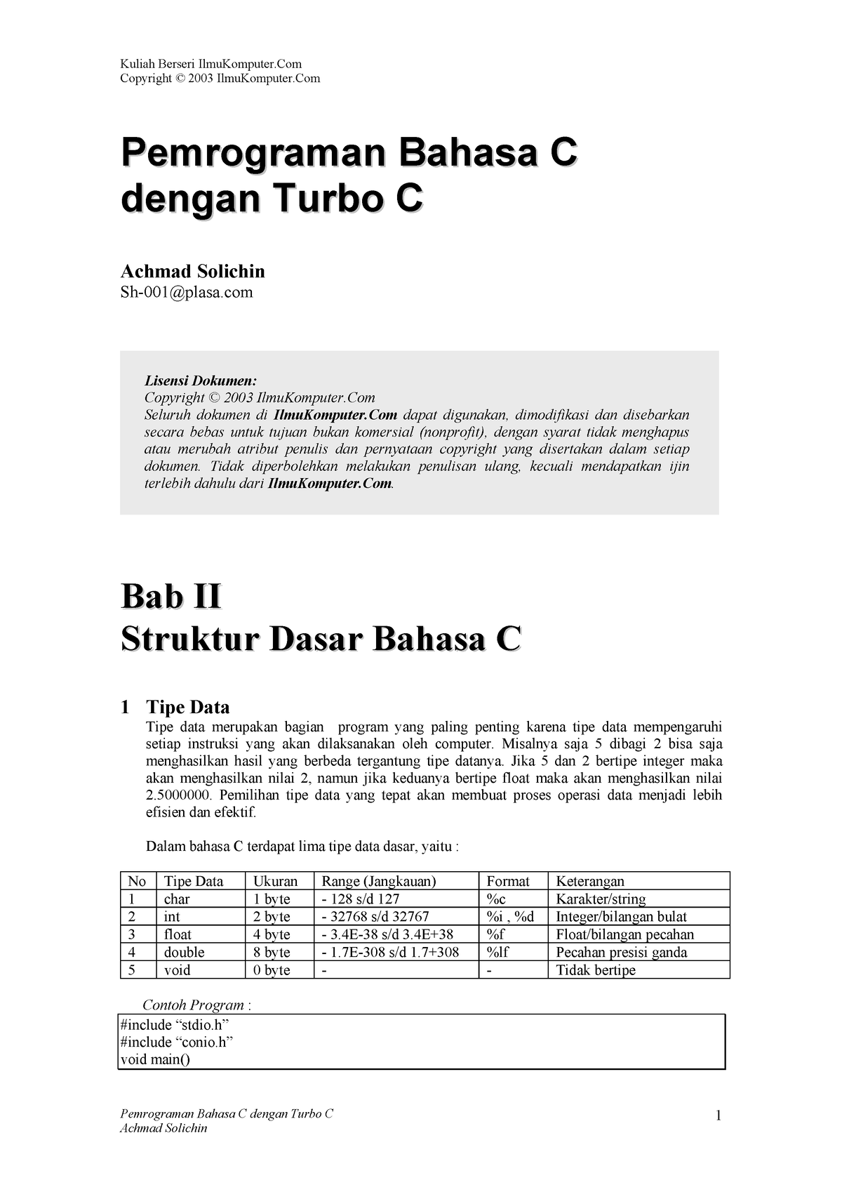 Bab 2 Struktur Dasar Bahasa C - Copyright © 2003 IlmuKomputer ...