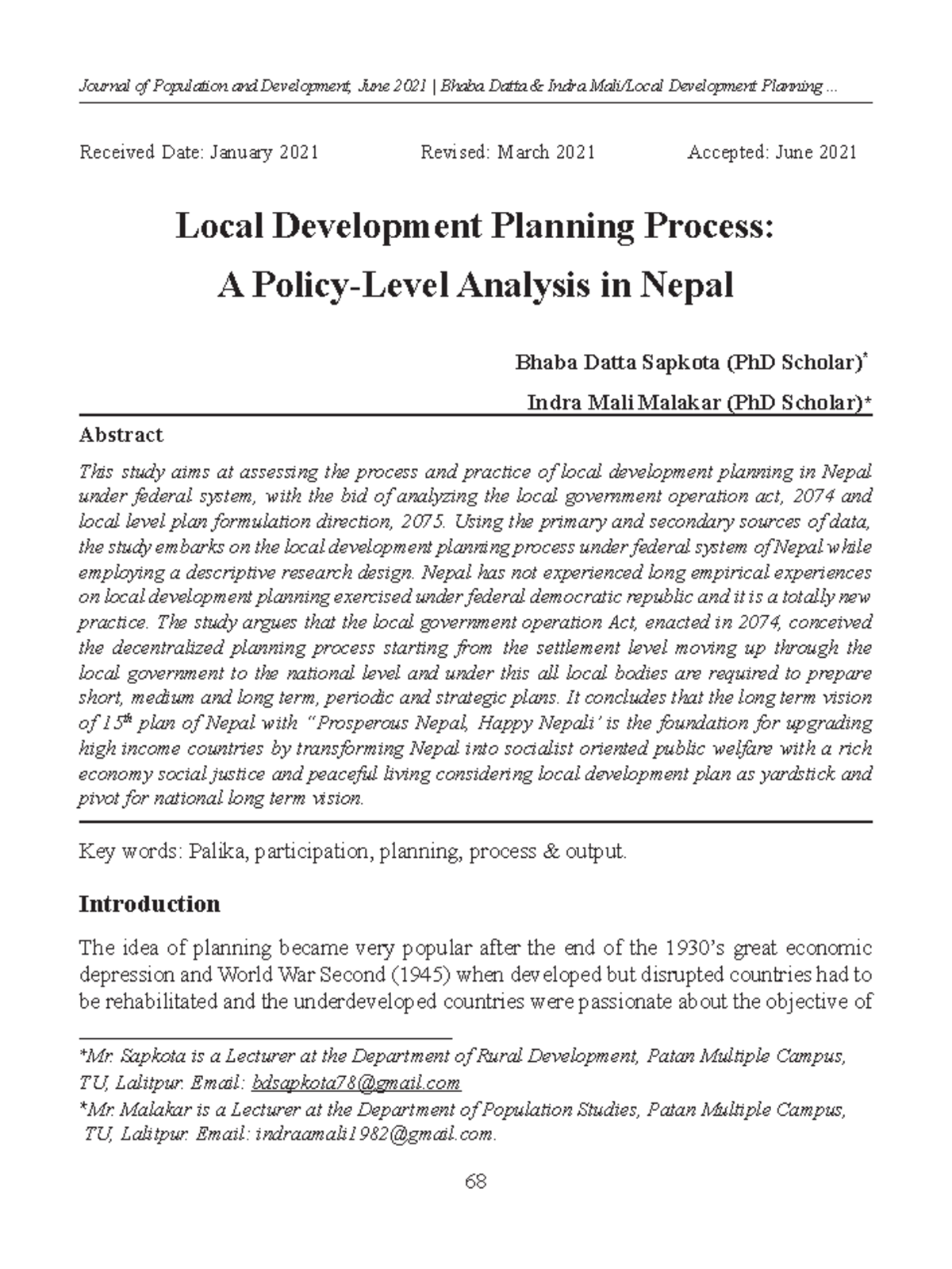 Local Development Planning Process in fedral nepal article - Received ...