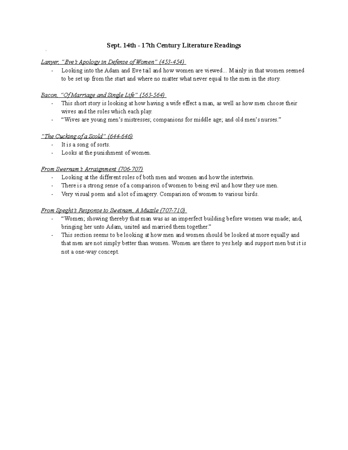 Sept. 14th 17th Century Literature Readings Sept. 14th 17th