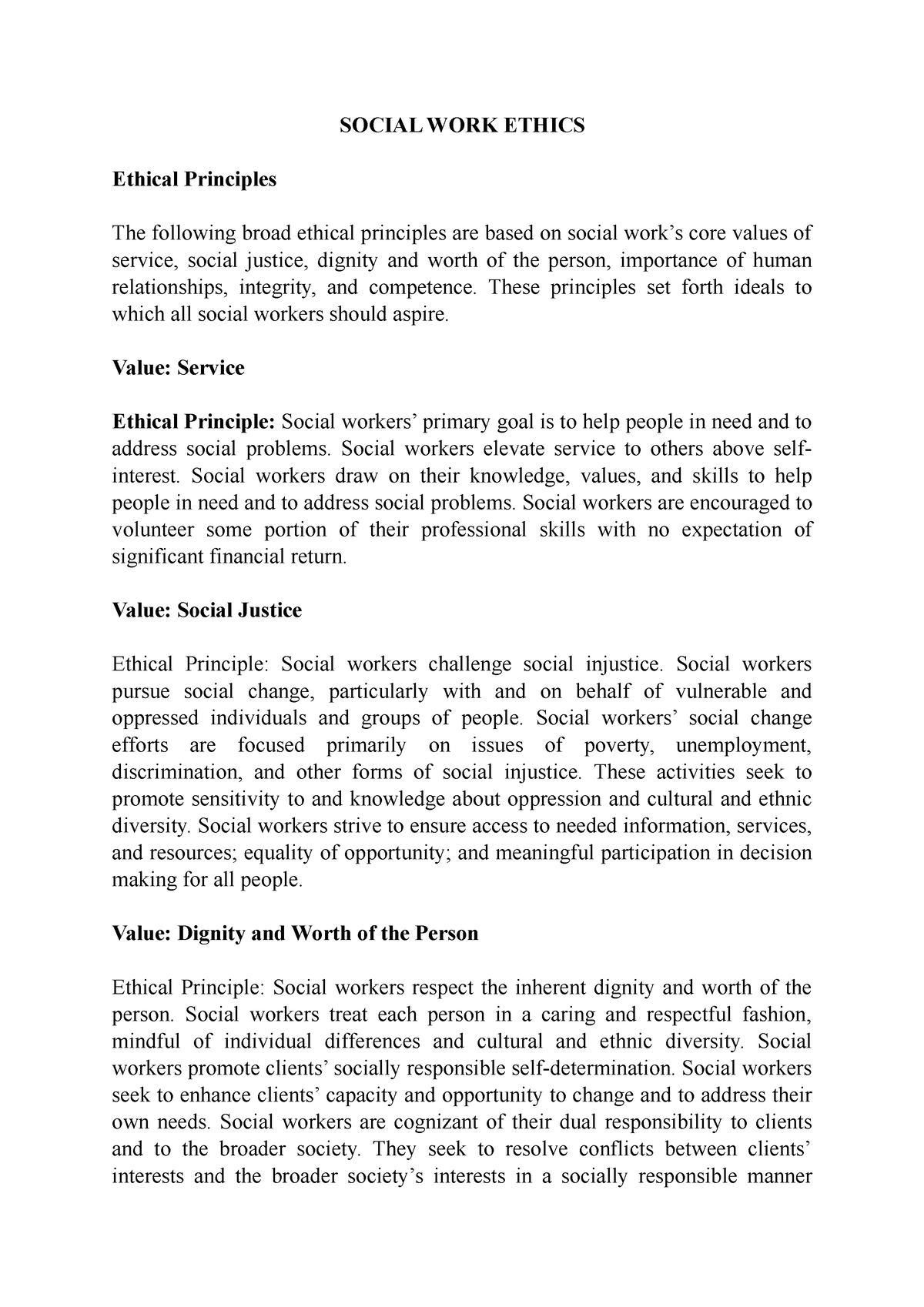 social work ethics and values essay