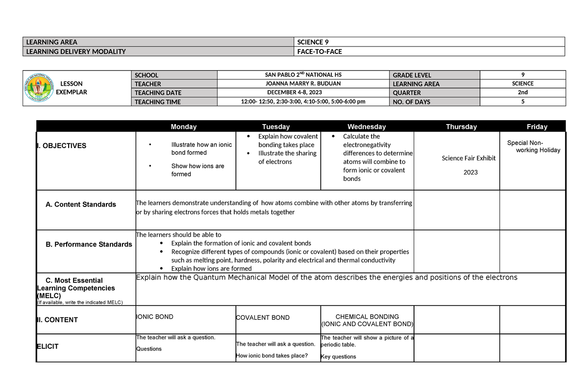 Week 5 - none - LEARNING AREA SCIENCE 9 LEARNING DELIVERY MODALITY FACE ...