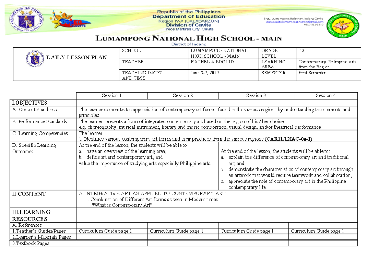 Dll cpar week 1 - Daily Lesson Log - DAILY LESSON PLAN SCHOOL LUMAMPONG ...