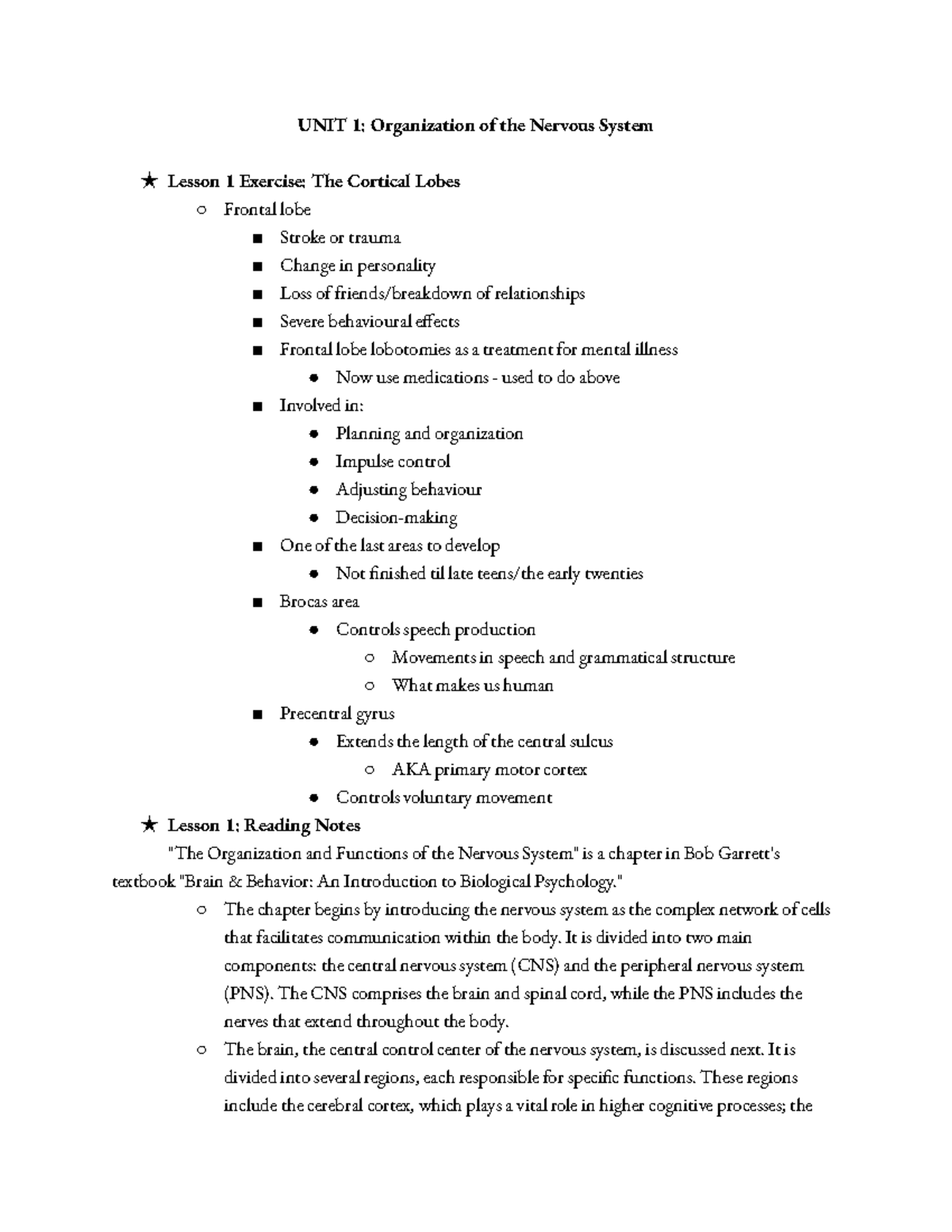 PSYC 255 Exercise Notes - UNIT 1: Organization of the Nervous System ...