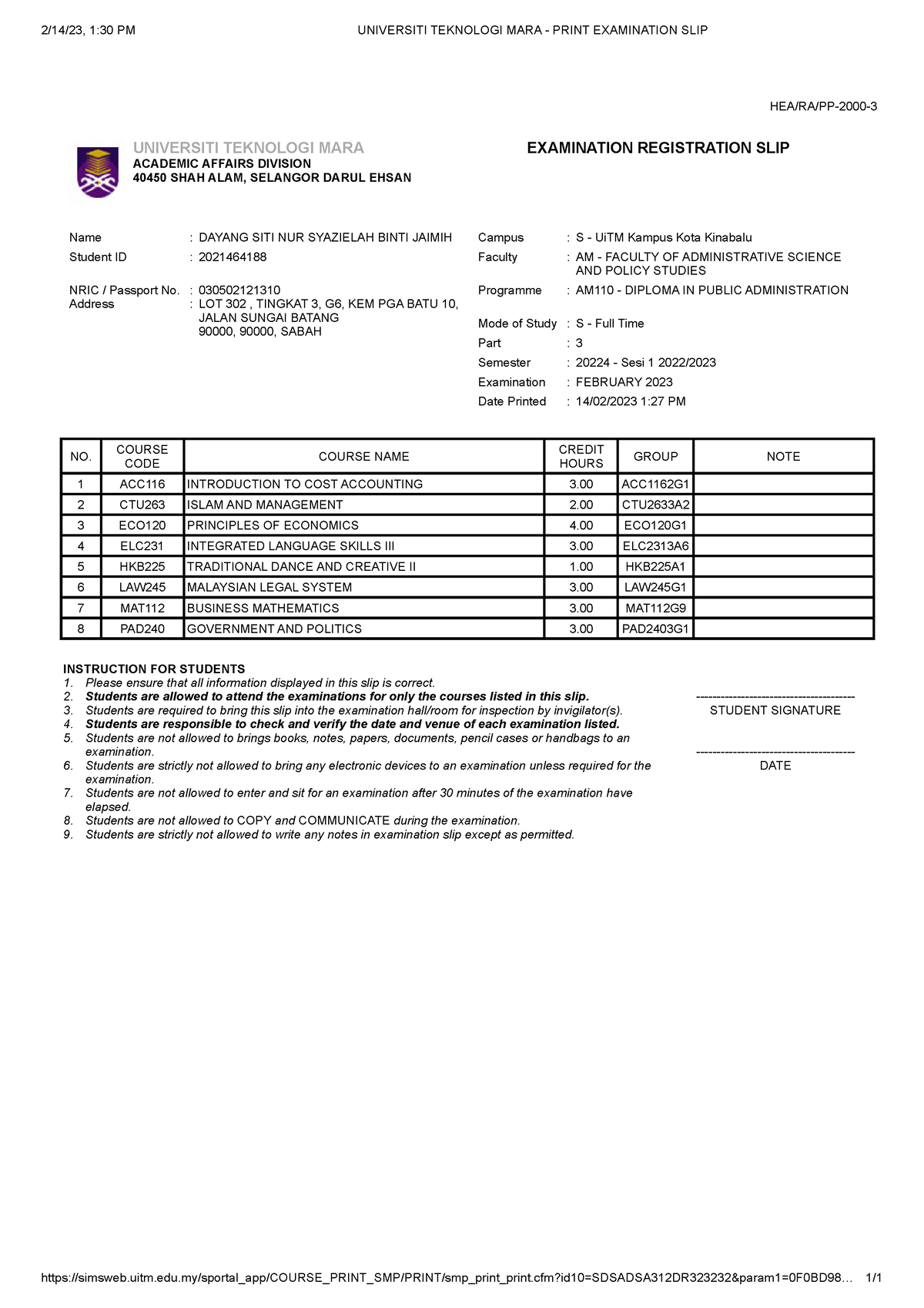 Universiti Teknologi Mara - Print Examination Slip - 2 14 23, 1:30 Pm 