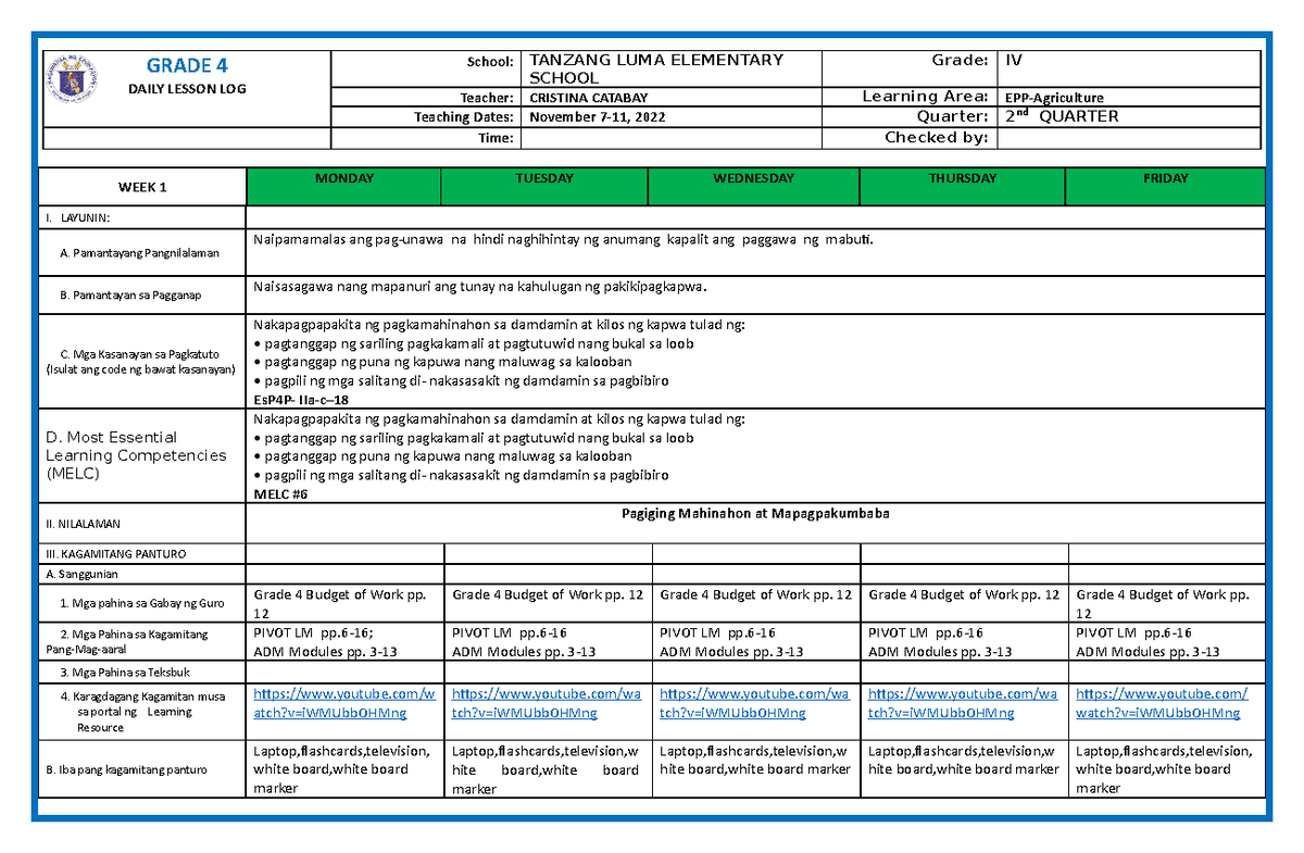 DLL-WEEK 9 - DLL-GRADE 4 - GRADE 4 DAILY LESSON LOG School: TANZANG ...