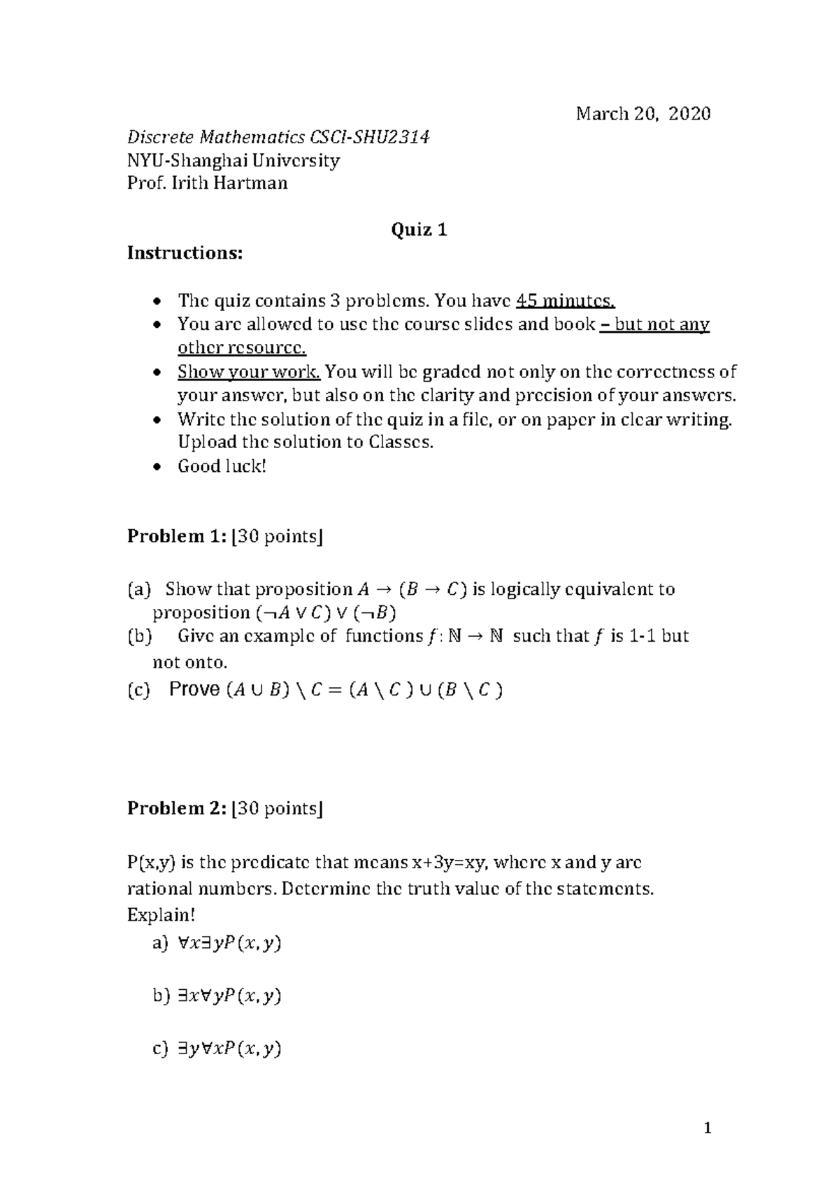 Quiz 1 2020 - Dm Quiz - 1 March 20 , 2020 Discrete Mathematics CSCI-SHU ...