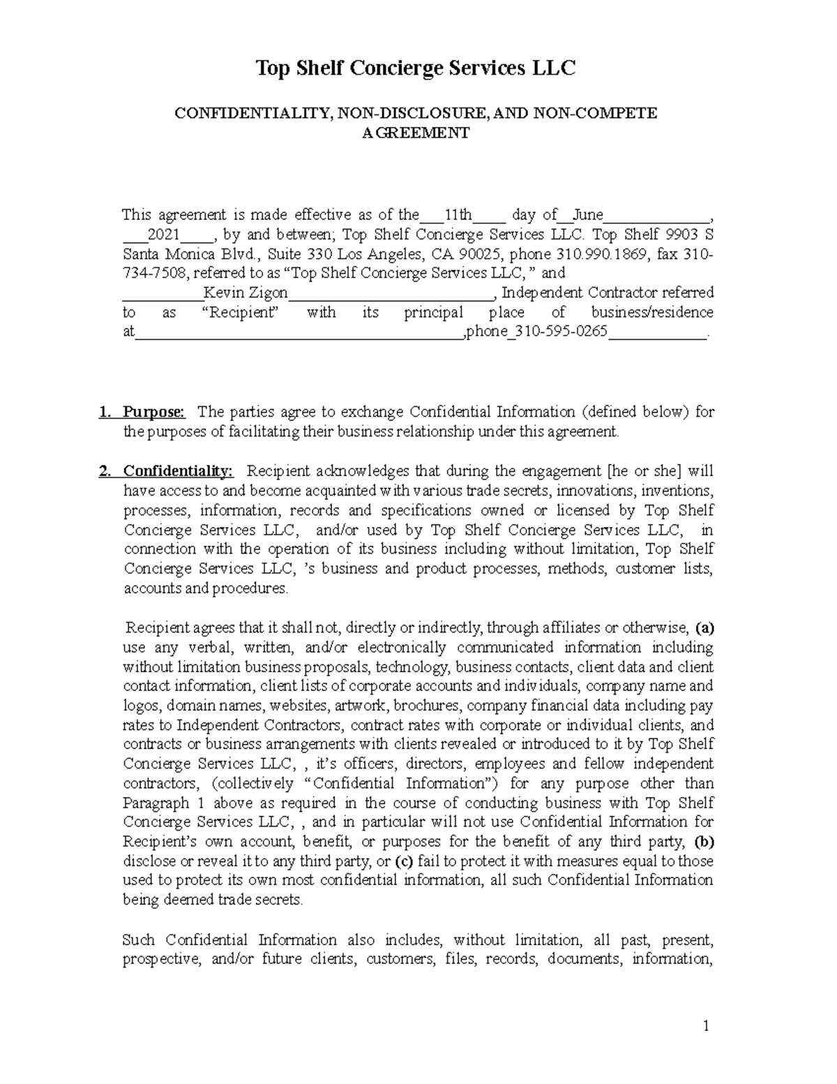 Top Shelf Non Compete Disclosure - CONFIDENTIALITY, NON-DISCLOSURE, AND ...