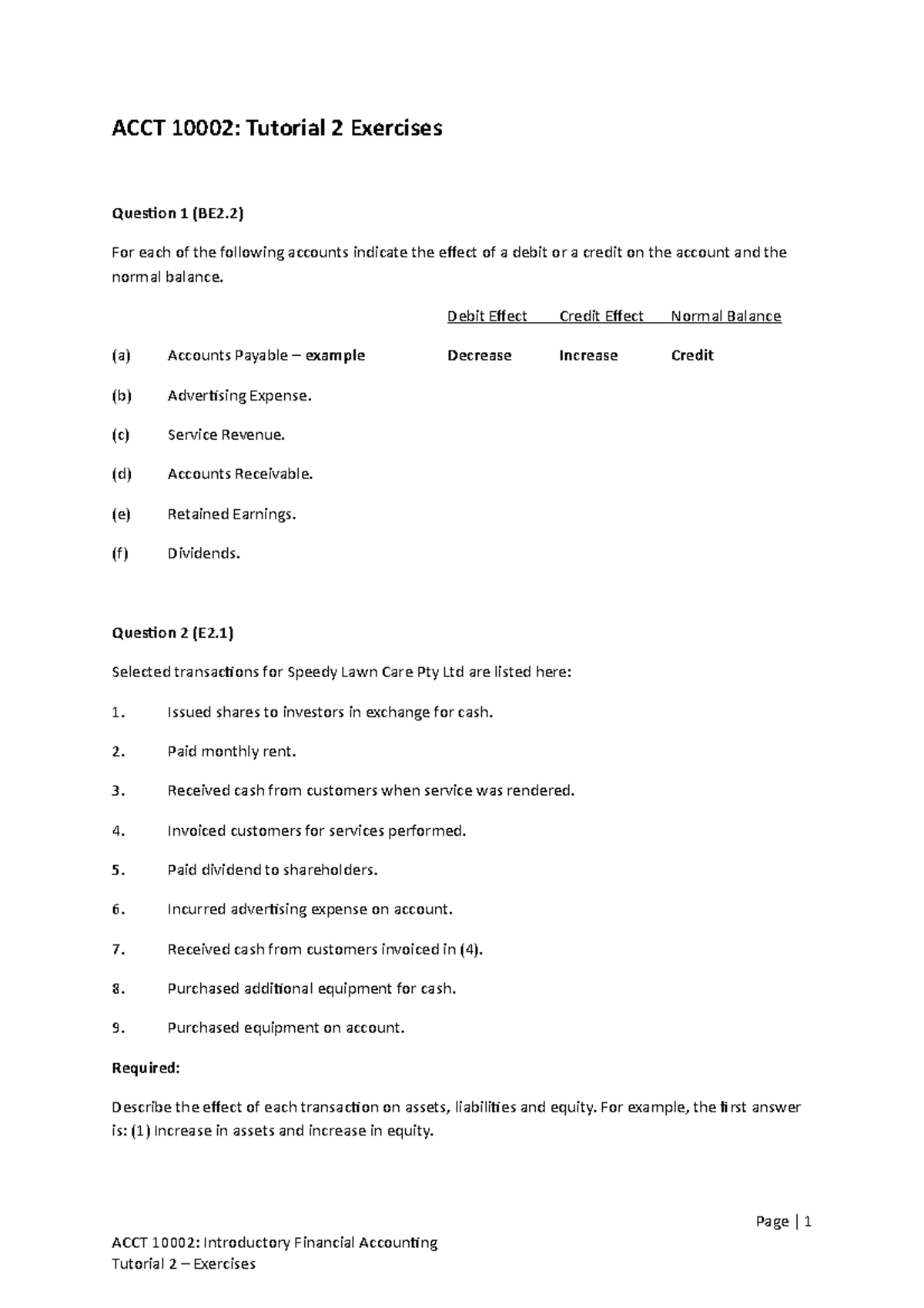 ACCT10002 S2 2016 Tutorial 2 Exercises - ACCT 10002: Tutorial 2 ...