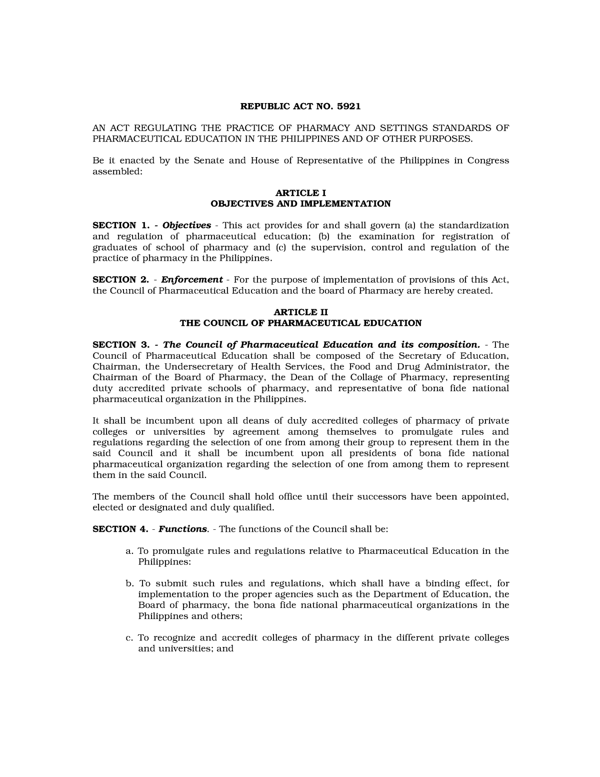 PH Pharmacy Act (RA 5921) - REPUBLIC ACT NO. 5921 AN ACT REGULATING THE ...