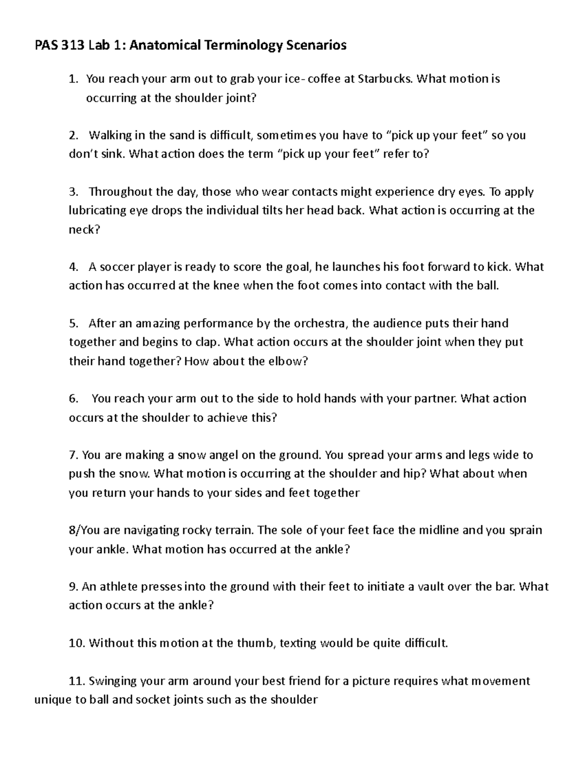 Anatomical Terms Scenarios LAB 1 student form - PAS 313 Lab 1 ...