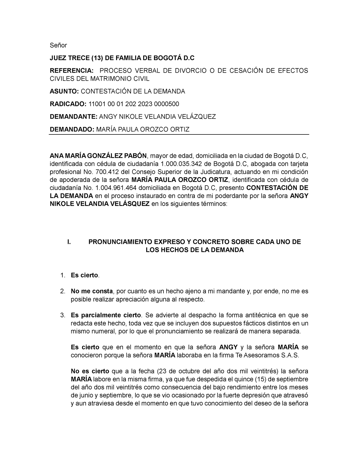 Contestación De La Demanda De Divorcio Por Primera Y Segunda Causal 1