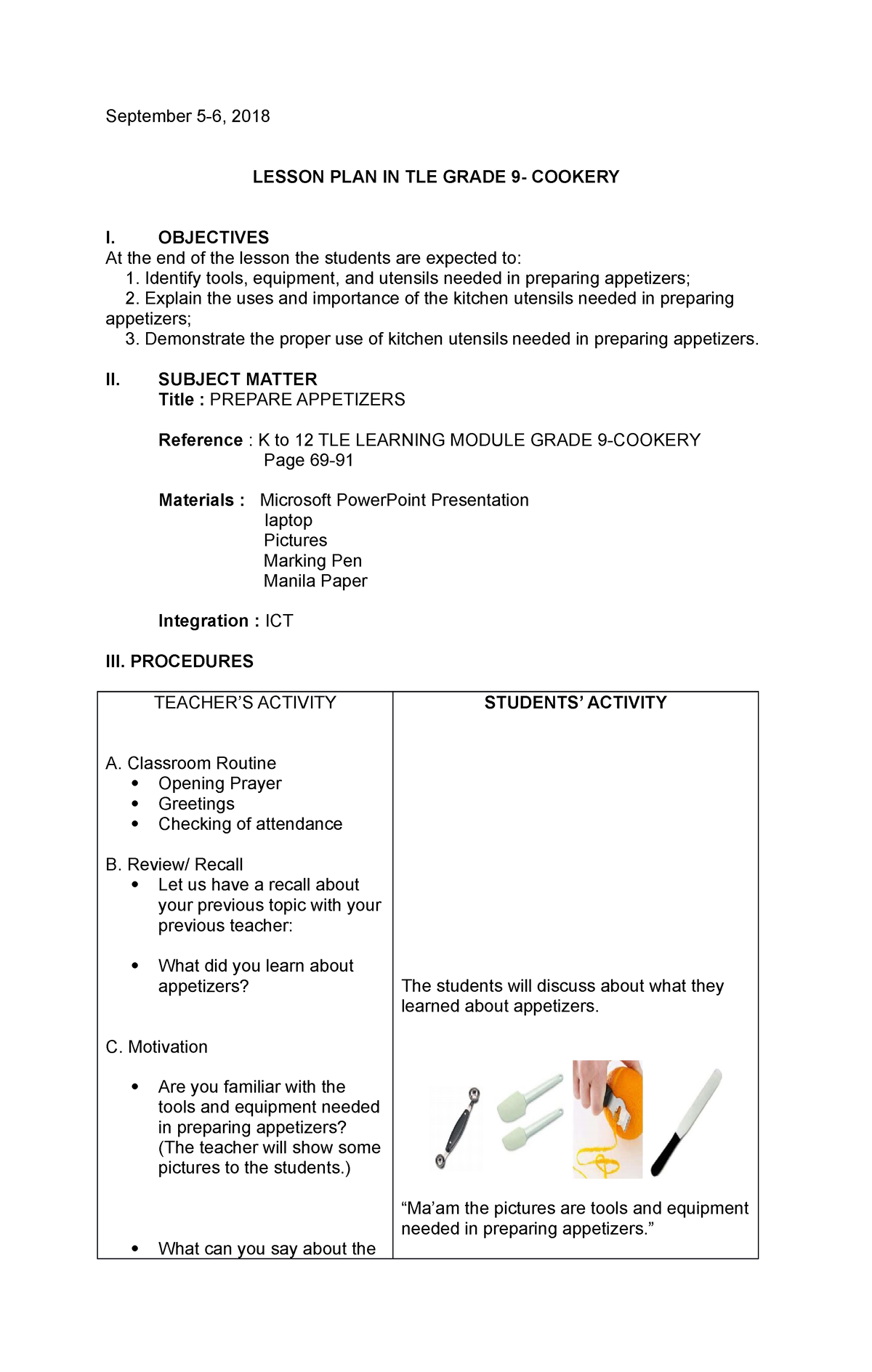 Grade 9 Tle Lp Lecture Notes September 5 6 2018 Lesson Plan In Tle Grade 9 Cookery I 2446