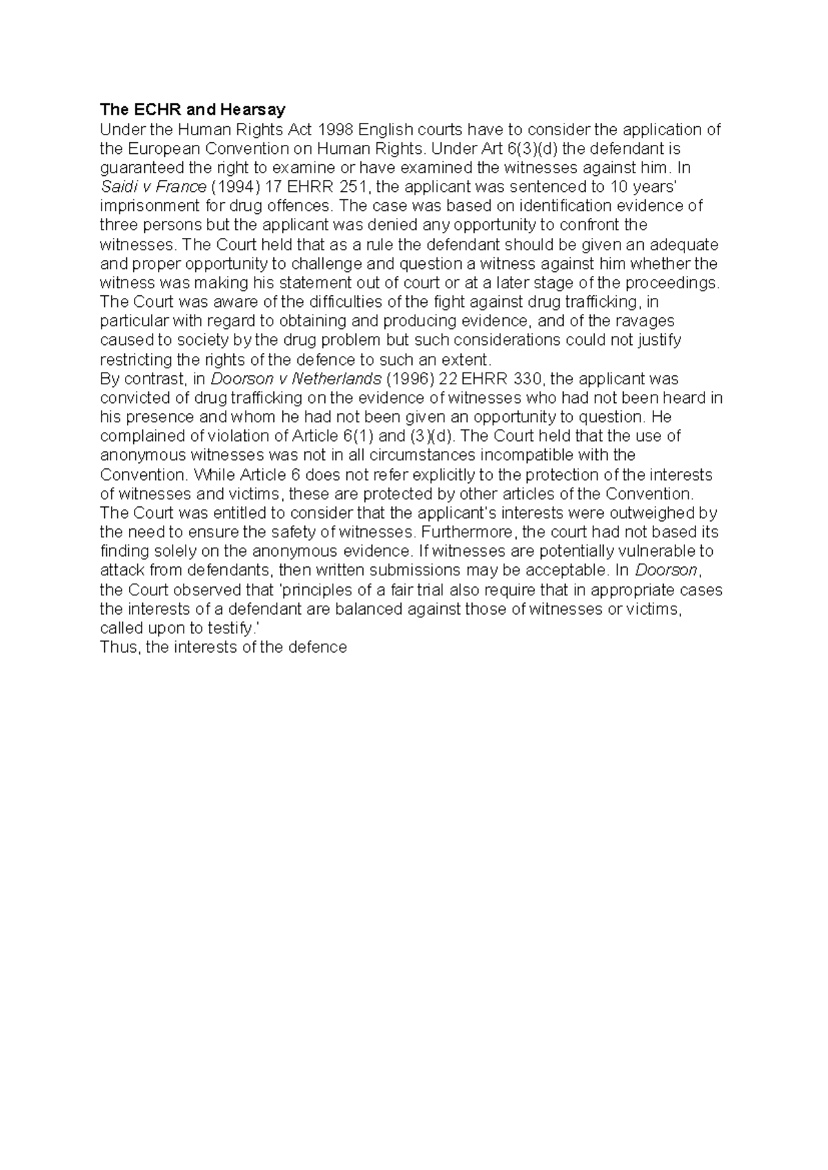 Echr and hearsay - The ECHR and Hearsay Under the Human Rights Act 1998 ...
