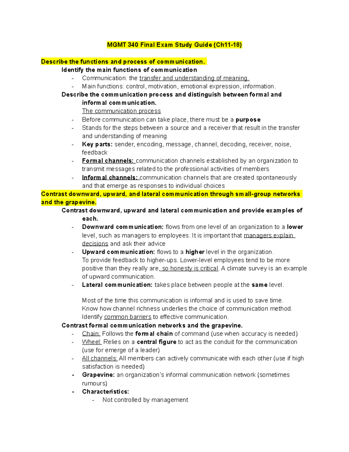 MGMT 340 Final Study Guide - MGMT 340 Final Exam Study Guide Describe ...