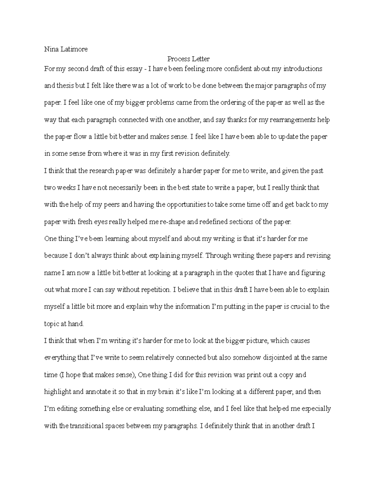 Final essay and process letter - Nina Latimore Process Letter For my ...