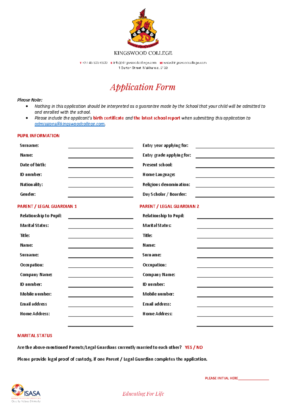 Kingswood College Application Form - Application Form Please Note ...