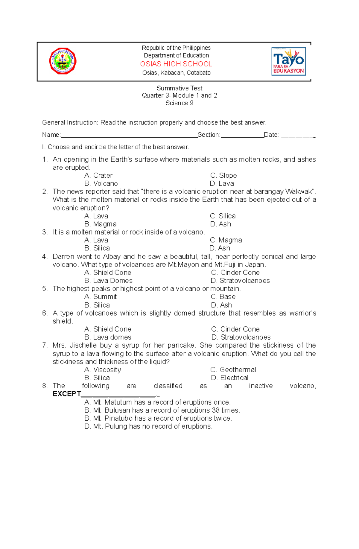 1st Summative Test In Mapeh Worksheet Riset 10 Arts Quarter 1 Module 