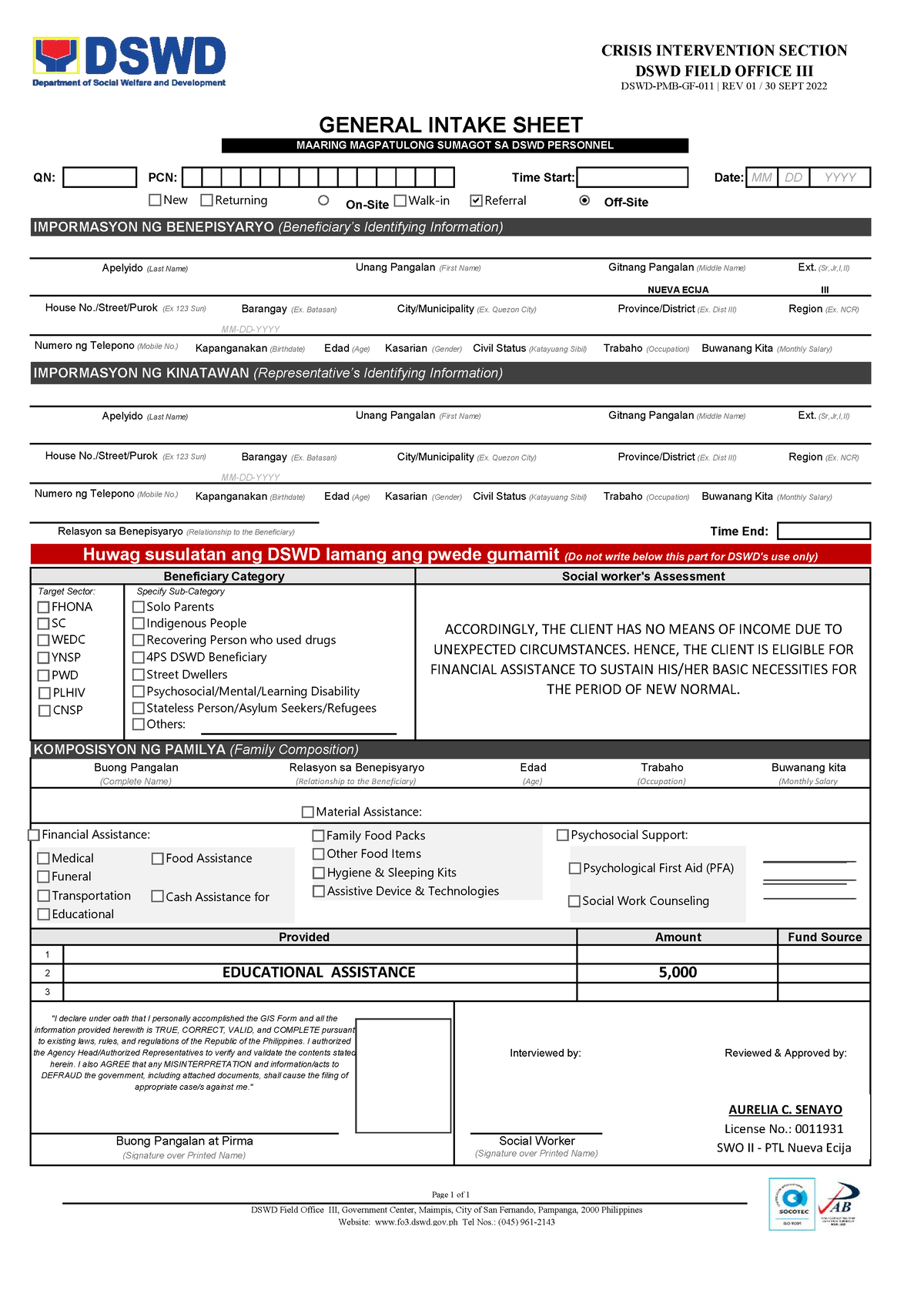 General Intake Sheet FORM- DSWD CLSU - CRISIS INTERVENTION SECTION DSWD ...