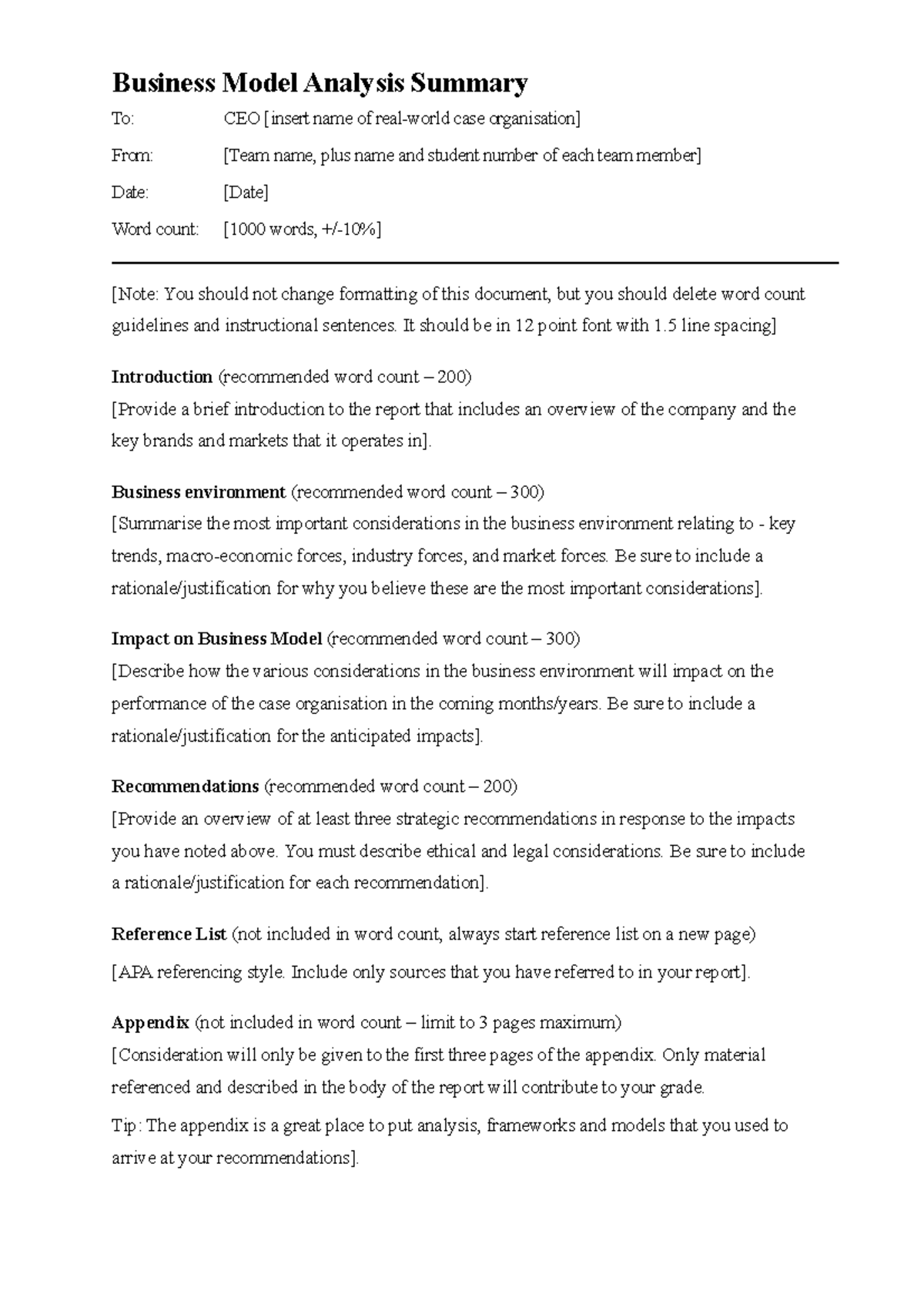 Business Model Analysis Summary Template 2 Business Model Analysis 