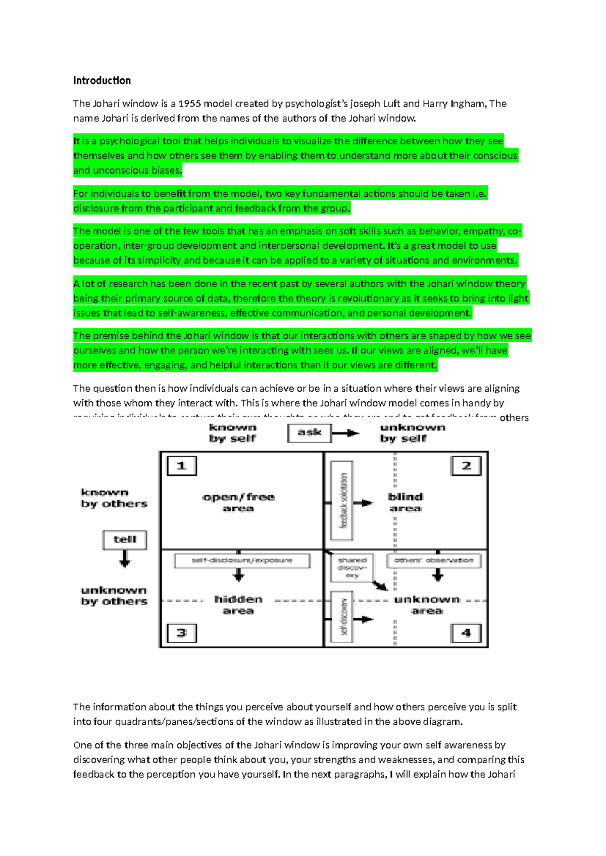 Course work Assignment (Johari window) - Introduction The Johari window ...