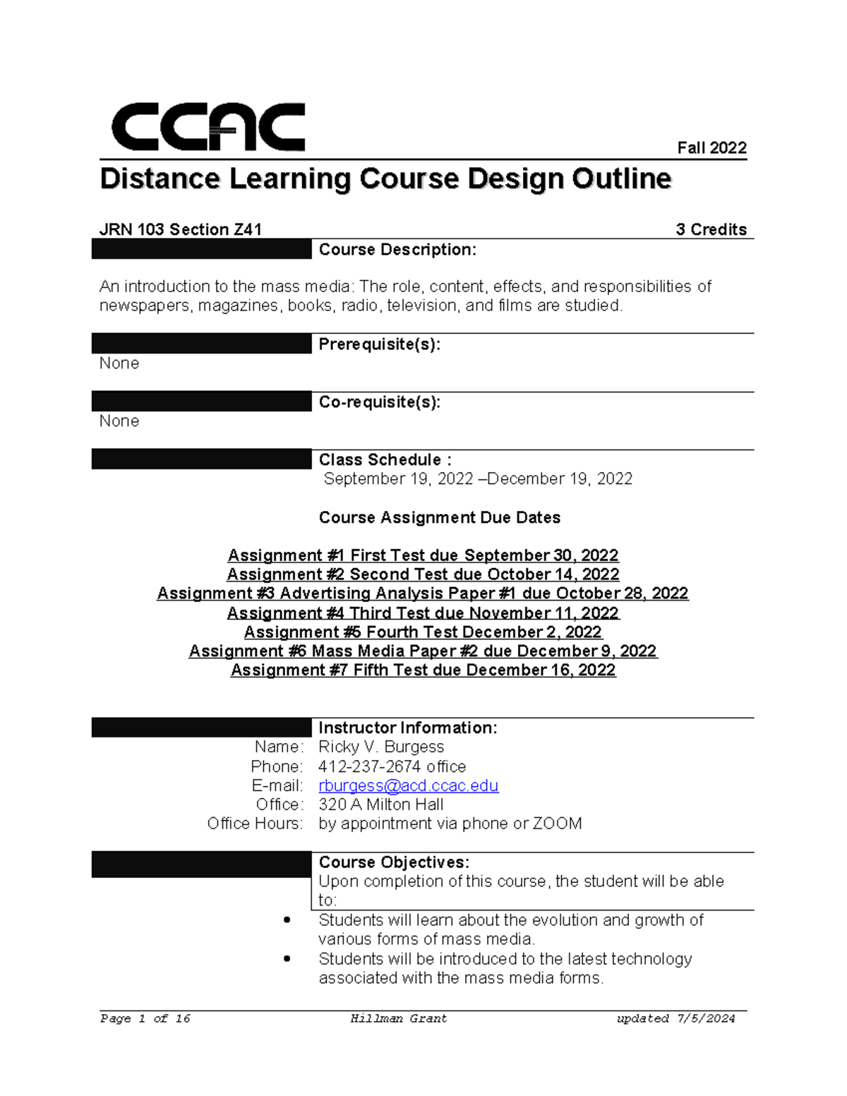 jrn 103 syllabus - Fall 2022 Distance Learning Course Design Outline ...