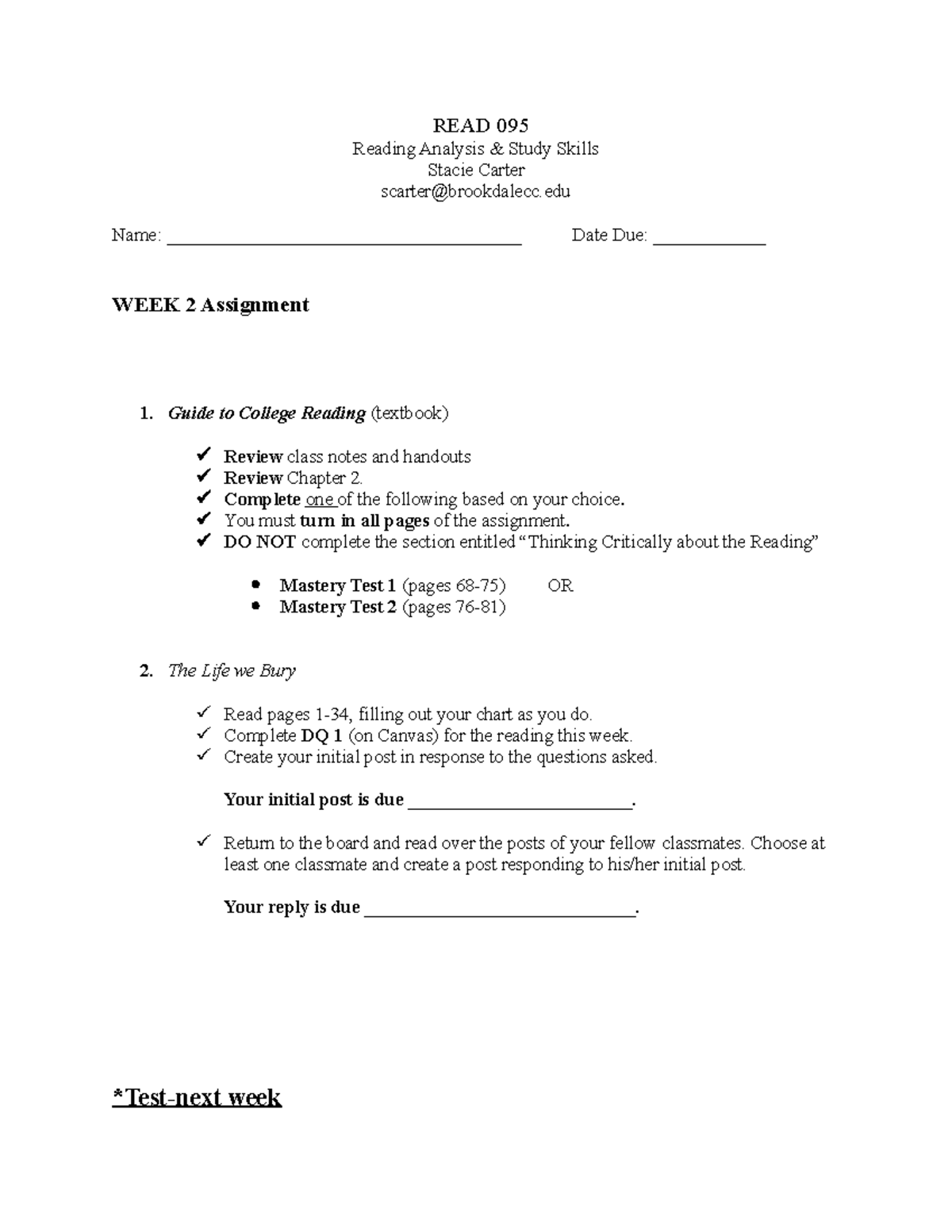 095 Homework Week Two READ 095 Reading Analysis & Study Skills Stacie Carter Studocu