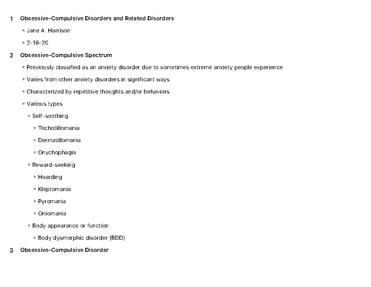 Obsessive Compulsive Disorders and Related Disorders Lecture Notes - 1 ...