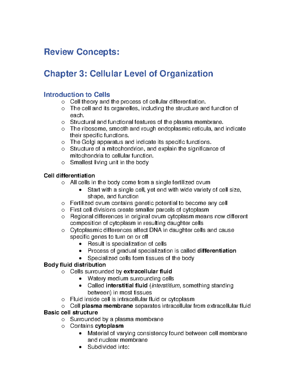 Review concepts - ch 3 - Discusses cellular level organization, cell ...