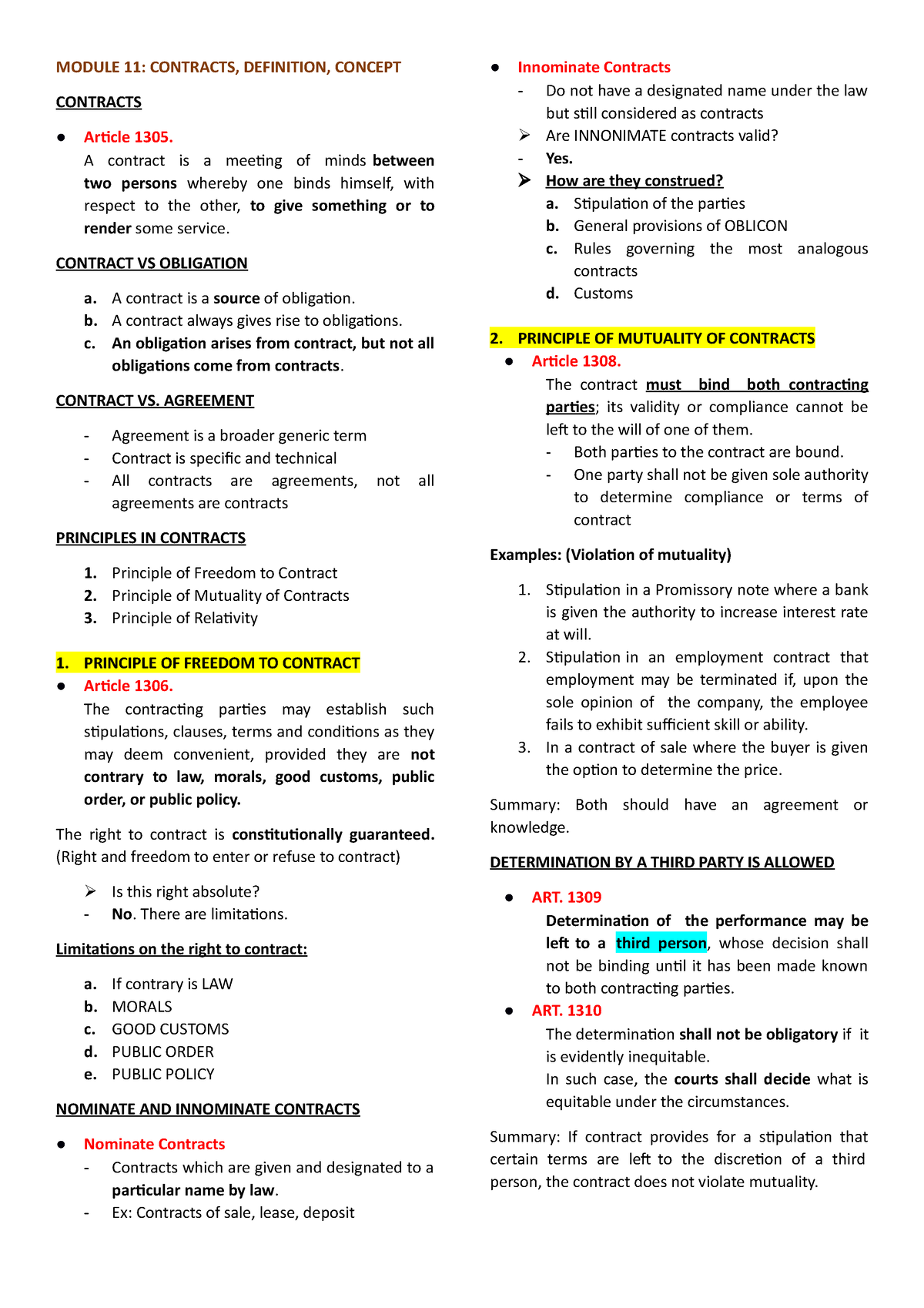 Module 11-14 Compiled - Module 11: Contracts, Definition, Concept 