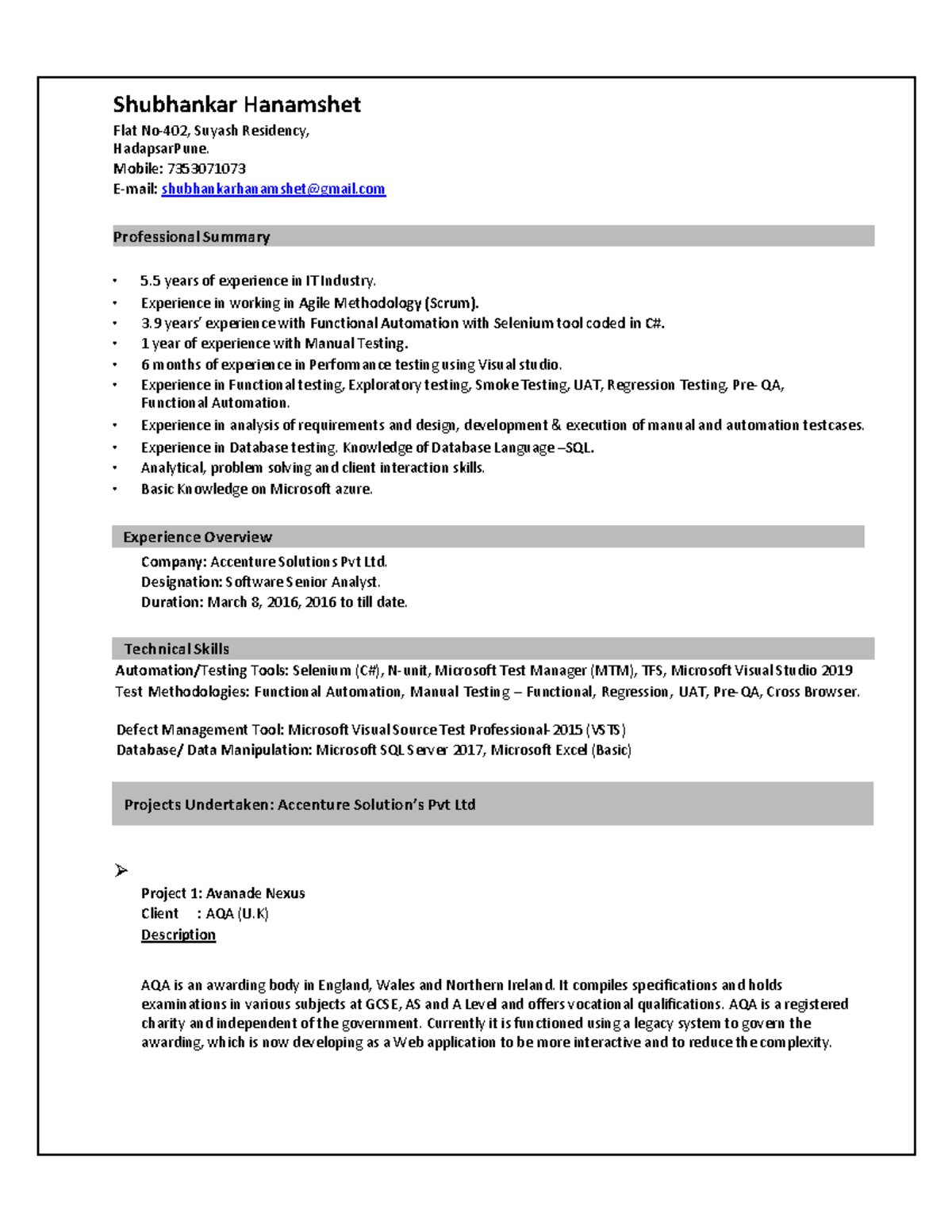 Shubhankar Resume 08 Aug 2021 - Shubhankar Hanamshet Flat No-402, Suyash  Residency, Hadapsar Pune. - Studocu