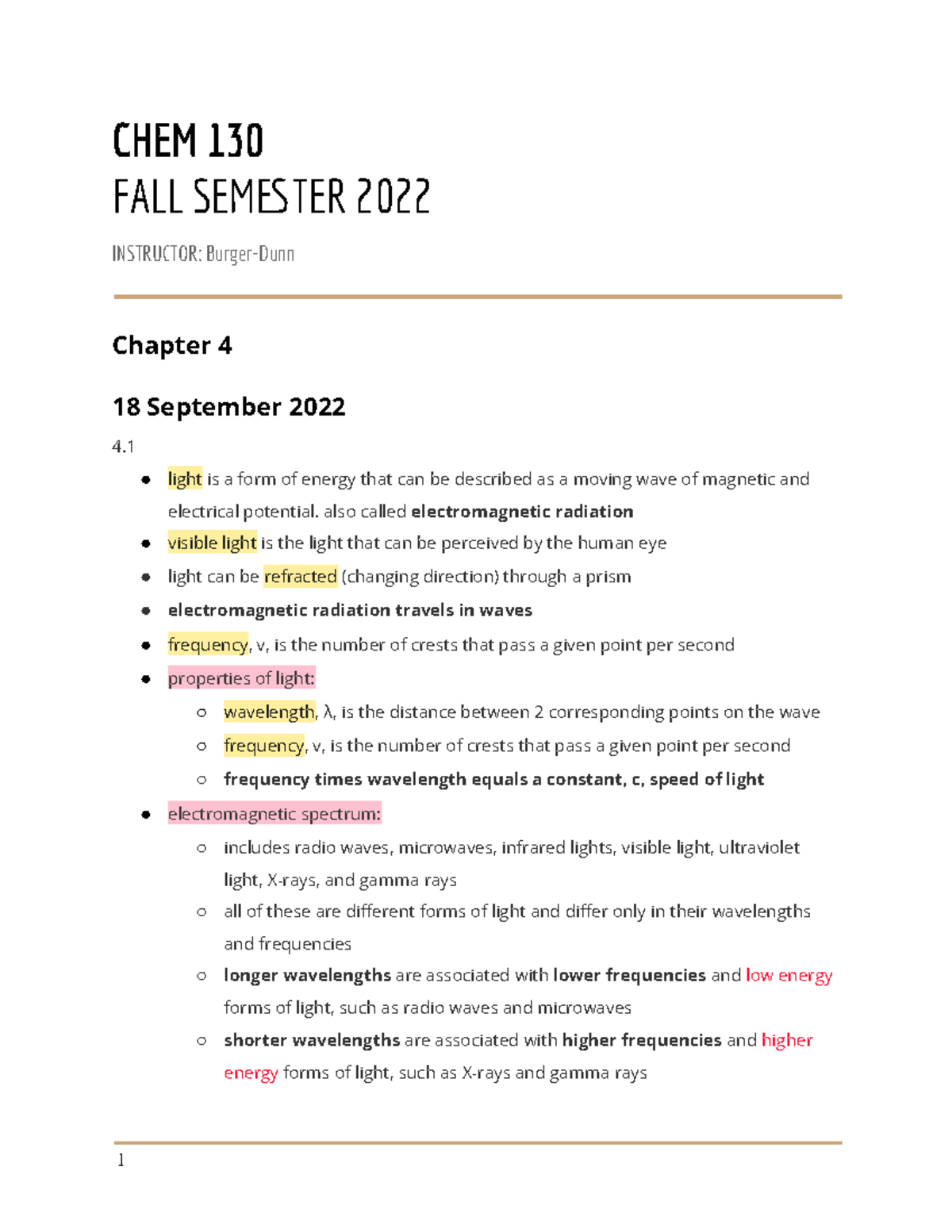 Chem Chapter 4 notes - CHEM 130 FALL SEMTER 2022 INSTRUCTOR: Burger ...