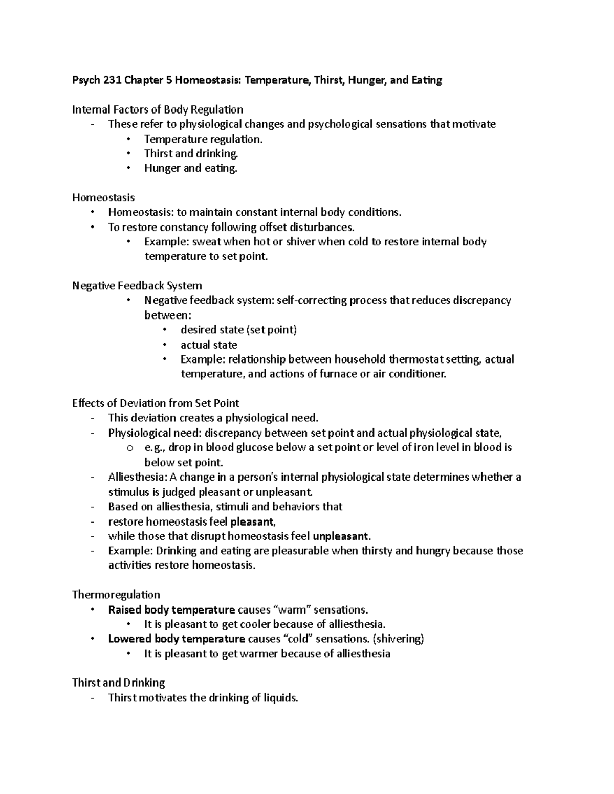 Psych 231 chapter 5 - Prof. Robinson - Psych 231 Chapter 5 Homeostasis ...