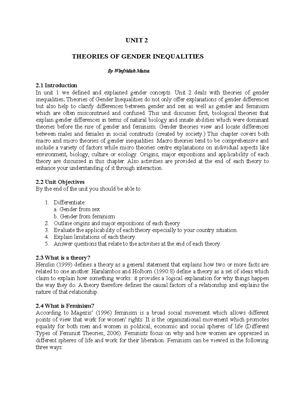 Unit 2 Unit2 Notes Unit 2 Theories Of Gender Inequalities By Winfridah Matsa 2 Introduction 5238