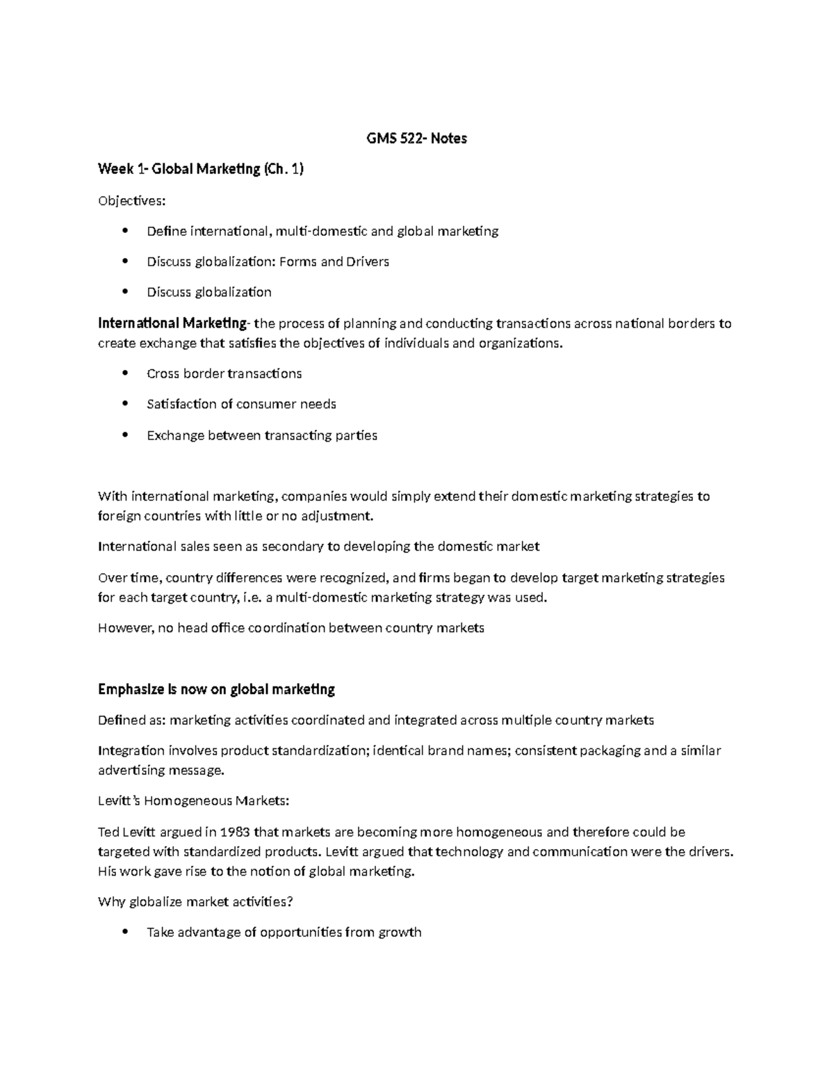 GMS 522- Week 1 - GMS 522- Notes Week 1- Global Marketing (Ch. 1 ...