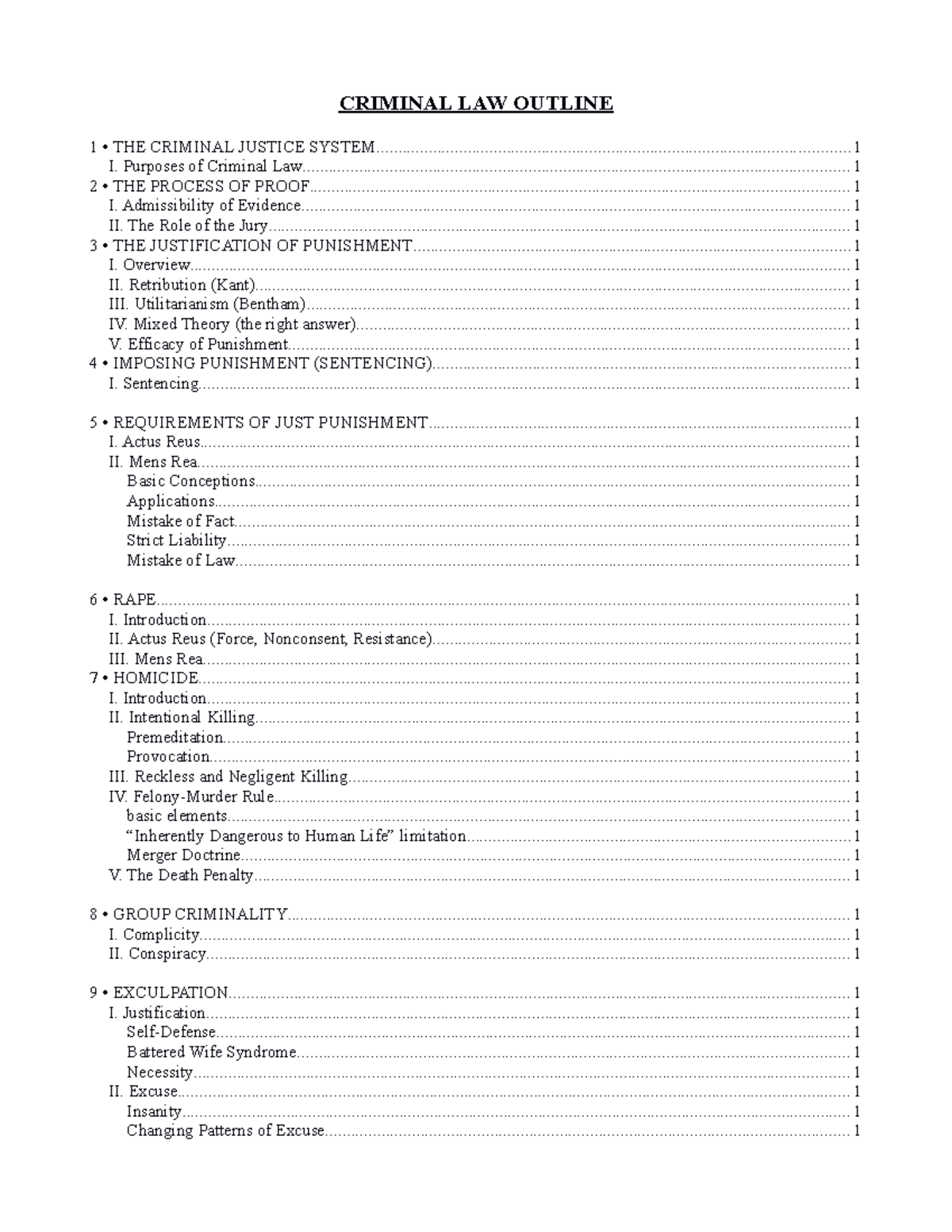 Criminal Law Schulhofer Spring 2008 - CRIMINAL LAW OUTLINE 1 • THE ...