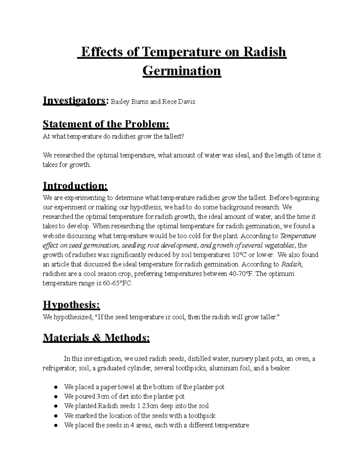Lab Report science Effects of Temperature on Radish Germination