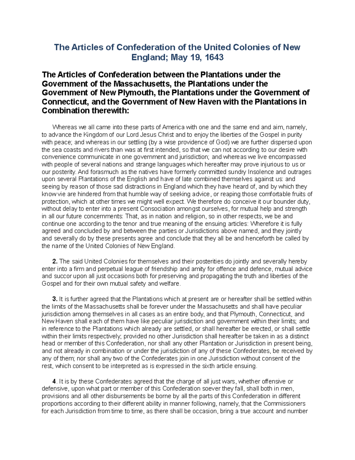 The Articles of Confederation of the United Colonies of New England ...