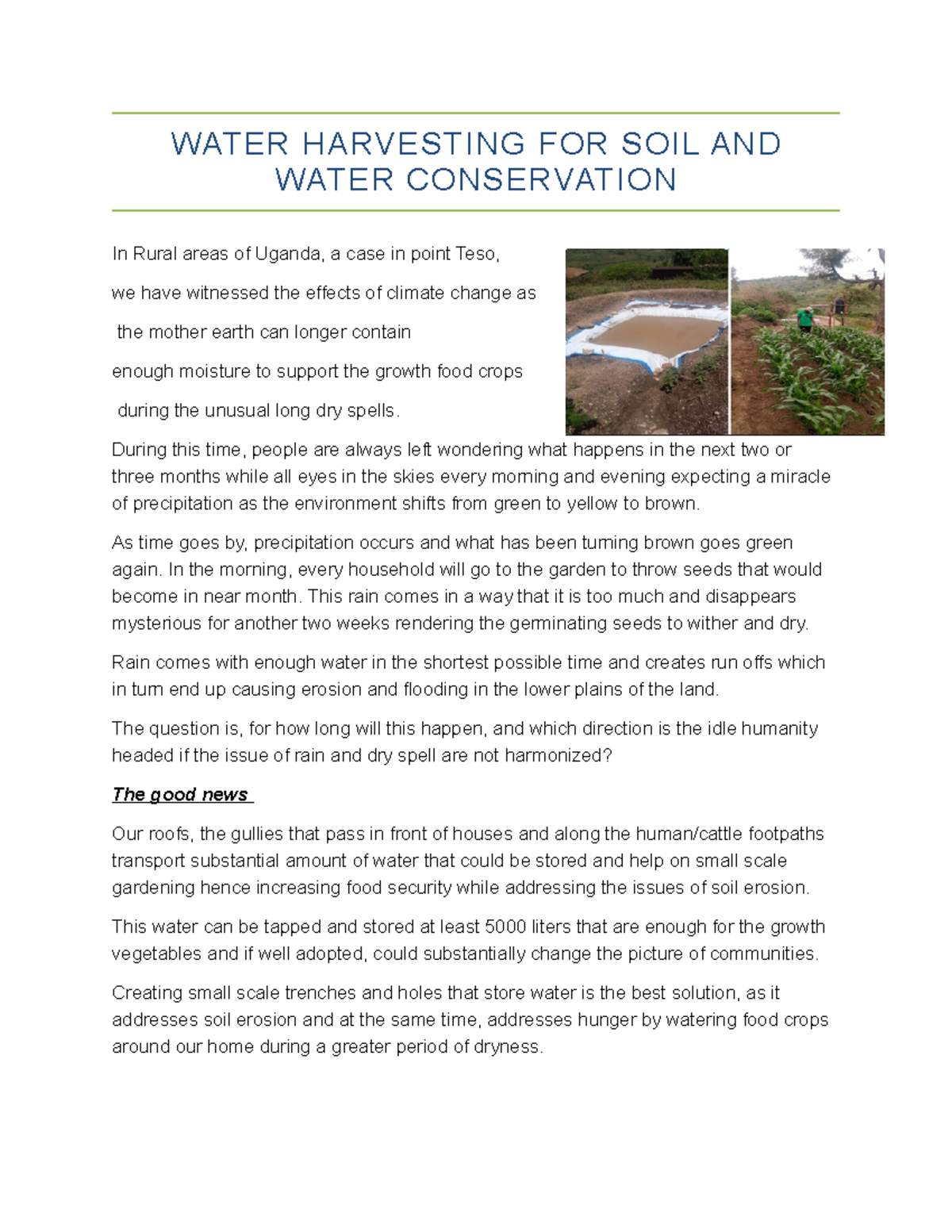 Water Harvesting FOR SOIL AND Water Conservation - WAT E R H A RV E S T ...